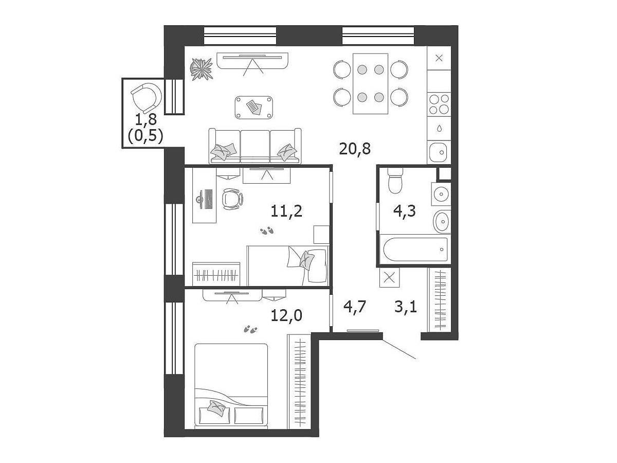 Планировка: 2-комн. квартира 56.60 м² в новостройке Шагал