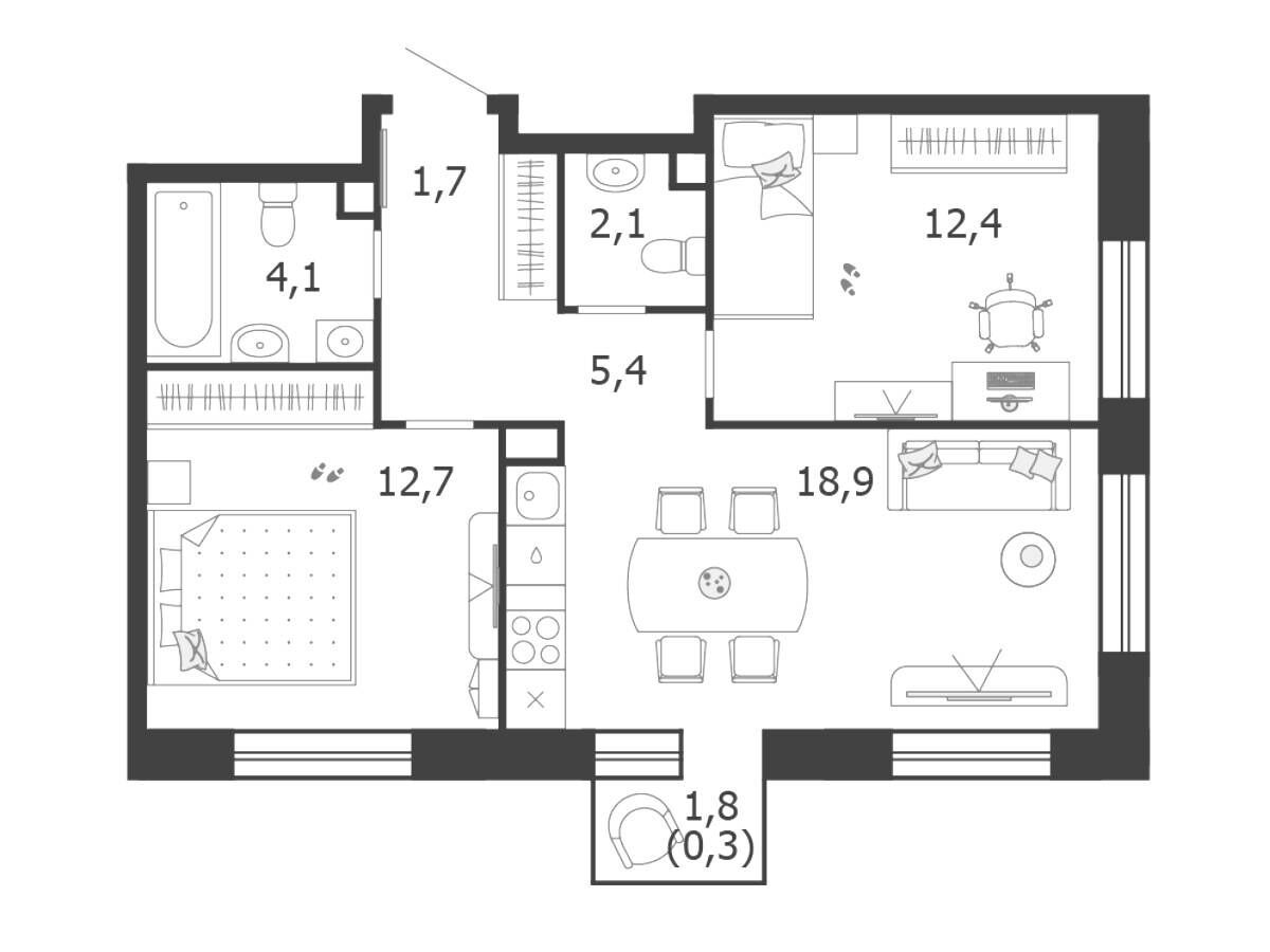 Планировка: 2-комн. квартира 57.80 м² в новостройке Шагал
