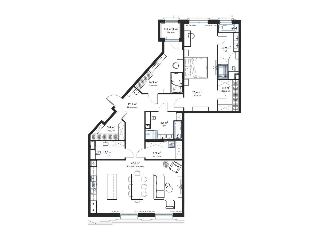 Планировка: 3-комн. квартира 145.50 м² в новостройке Дом Франка