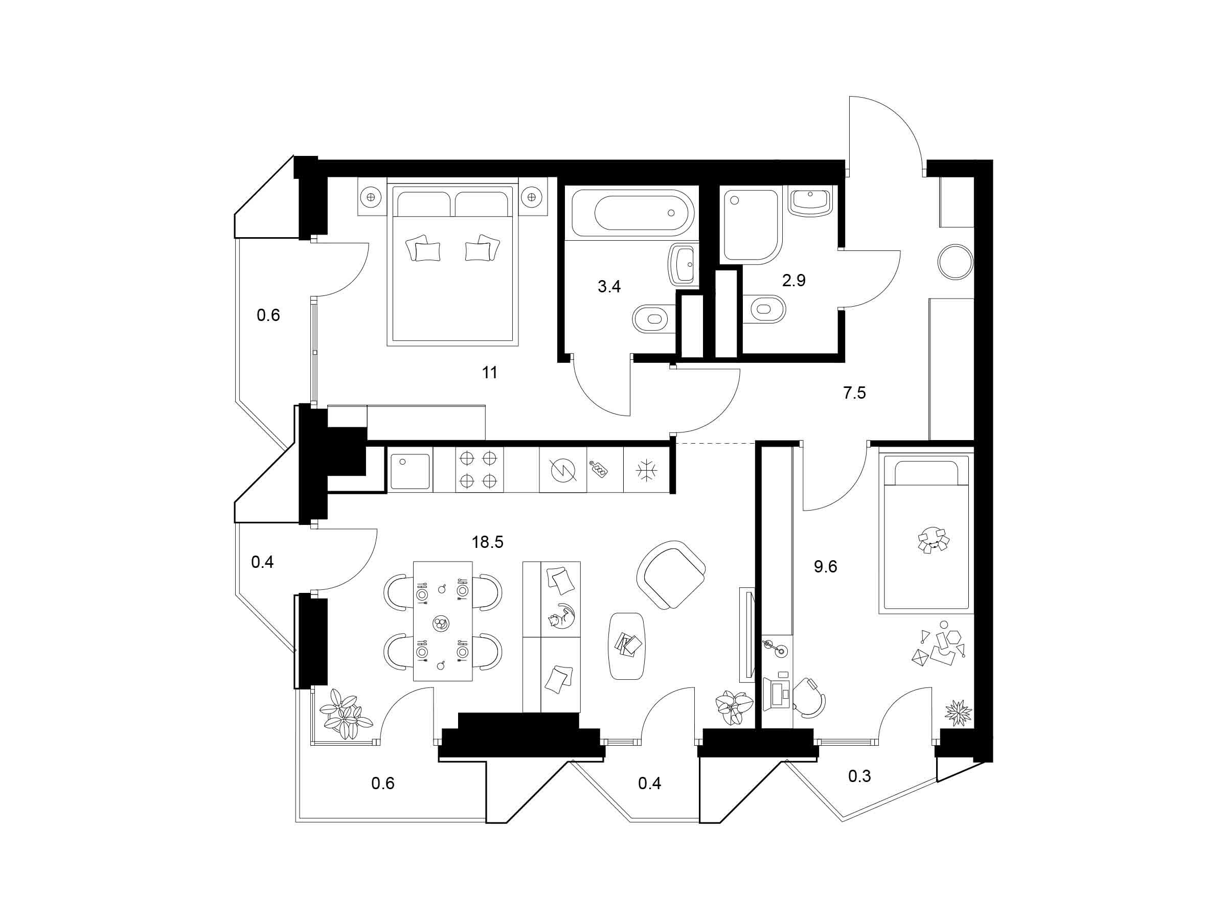 Планировка: 2-комн. квартира 55.20 м² в новостройке 2-й Иртышский