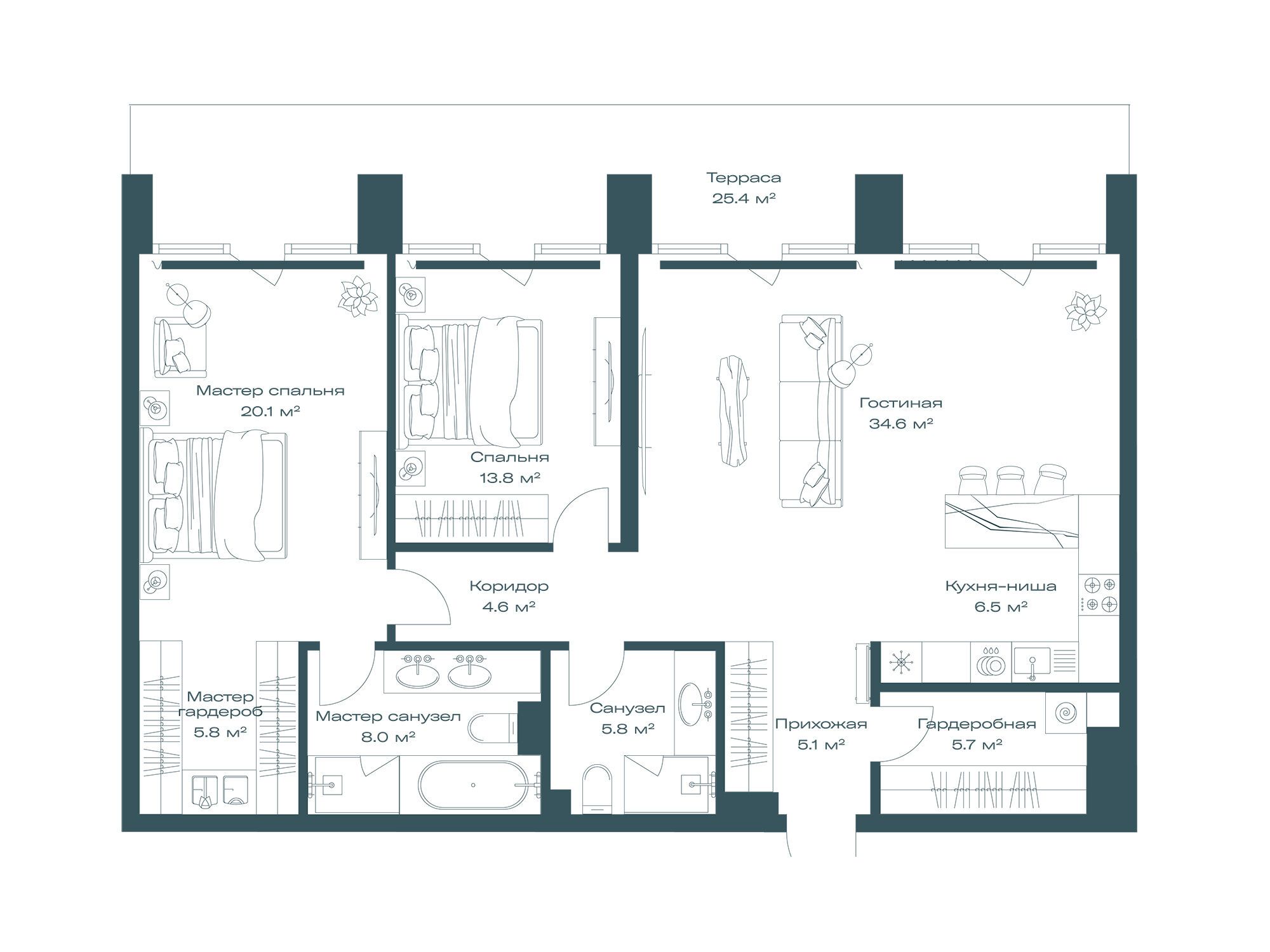 Планировка: 2-комн. квартира 117.60 м² в новостройке Опус