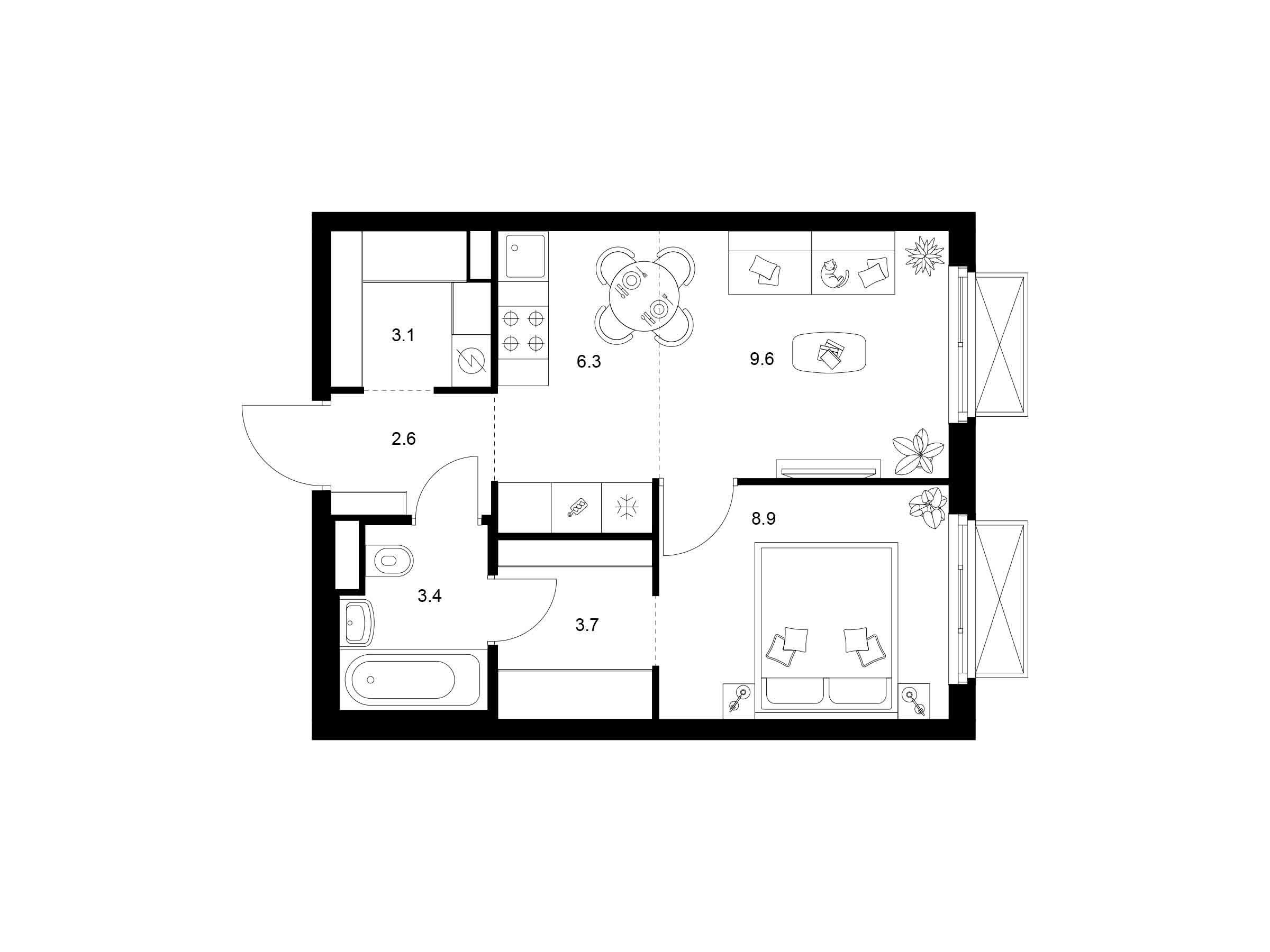 Планировка: 1-комн. квартира 37.60 м² в новостройке 2-й Иртышский