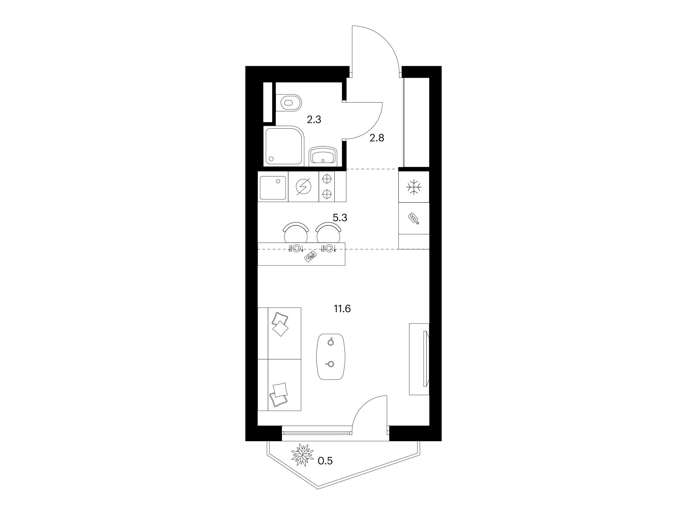 Планировка: Студия 22.50 м² в новостройке Мичуринский парк