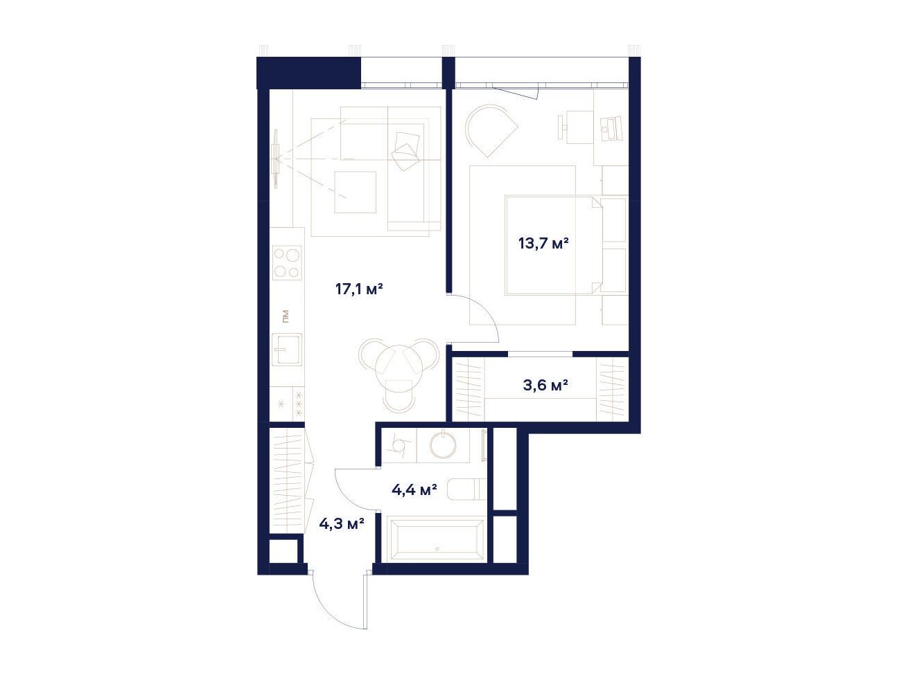 Планировка: 1-комн. квартира 43.10 м² в новостройке Квартал здоровой жизни Союз