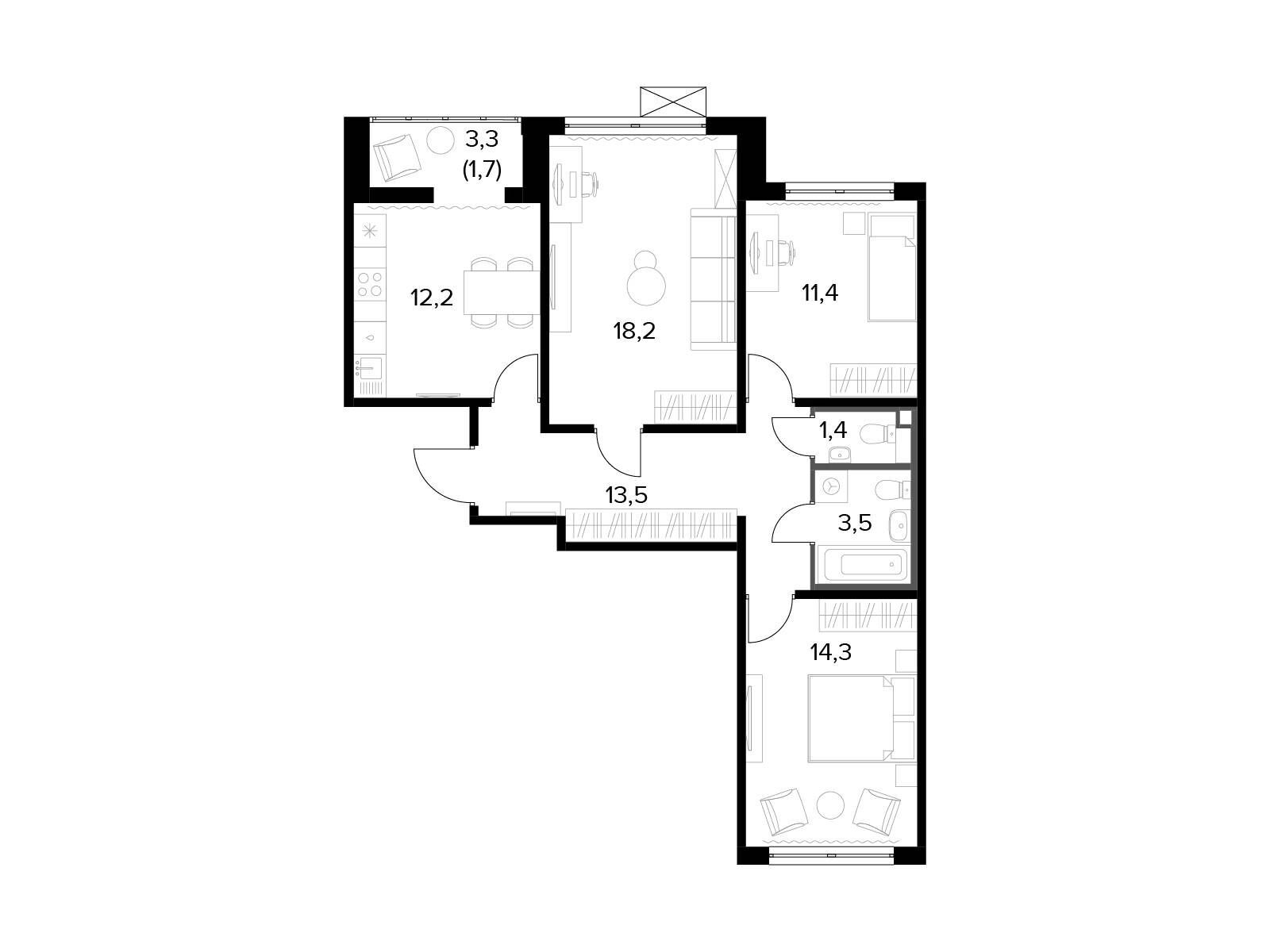 Планировка: 3-комн. квартира 76.40 м² в новостройке ЖК 1-й Ленинградский (Первый Ленинградский)