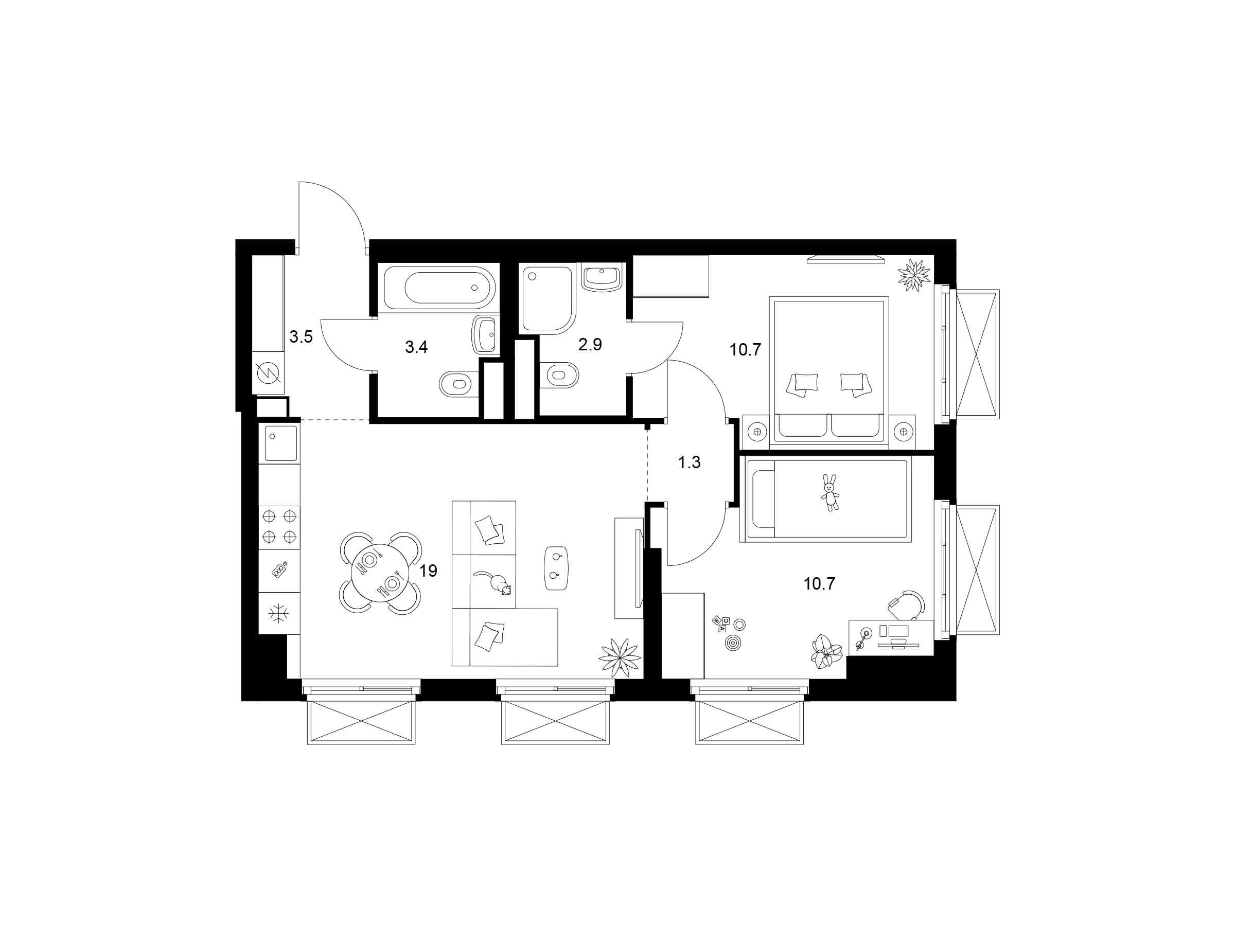 Планировка: 2-комн. квартира 51.50 м² в новостройке 2-й Иртышский