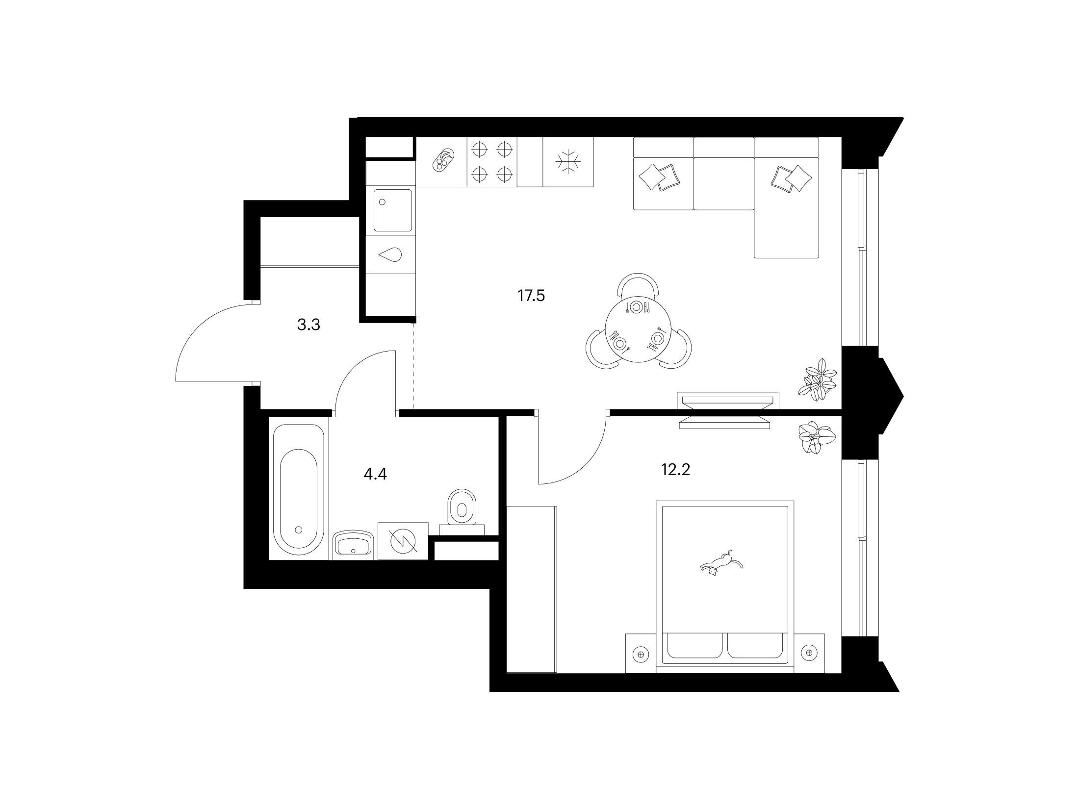 Планировка: 1-комн. квартира 37.40 м² в новостройке Матвеевский парк