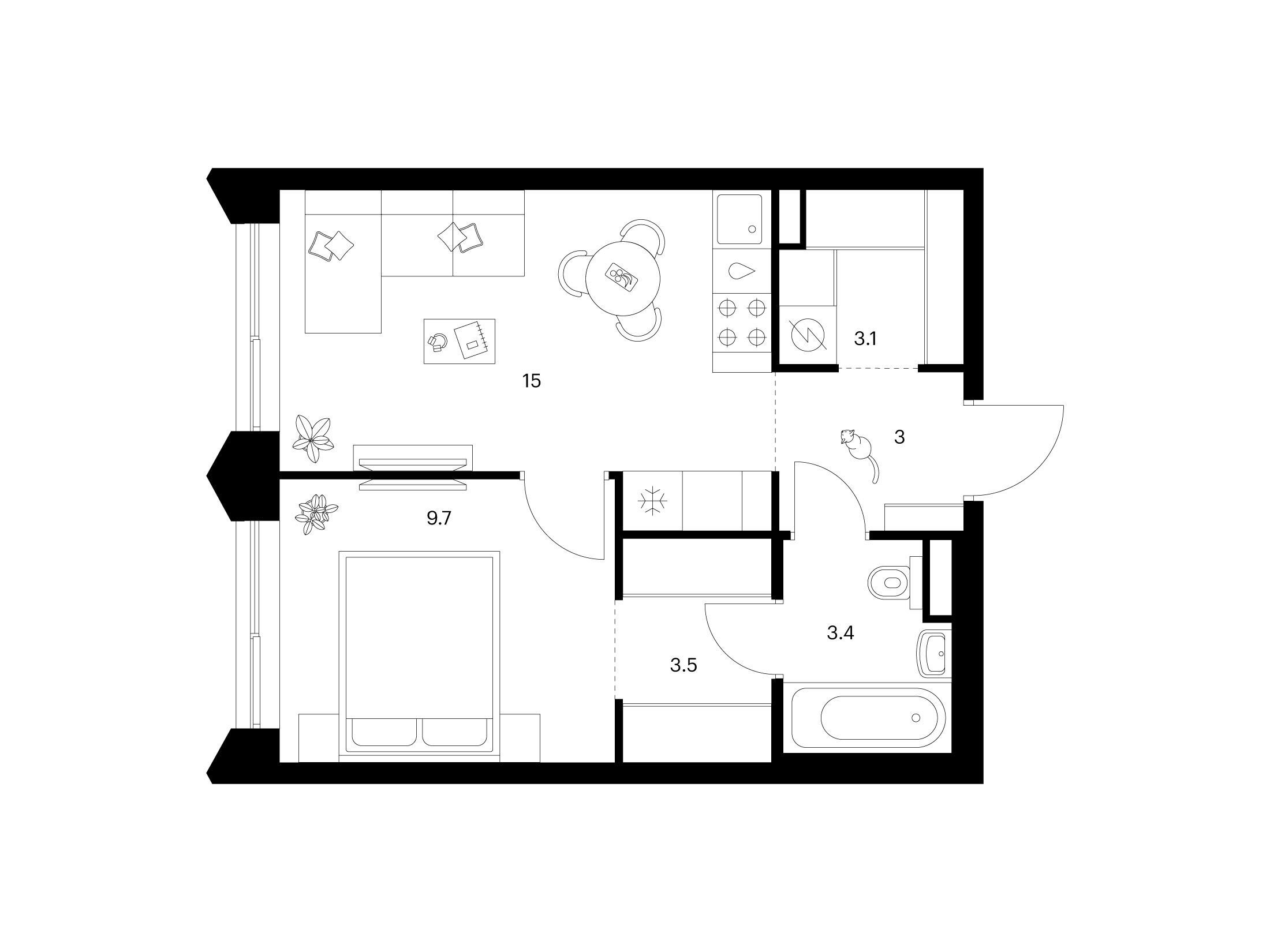 Планировка: 1-комн. квартира 37.70 м² в новостройке Матвеевский парк