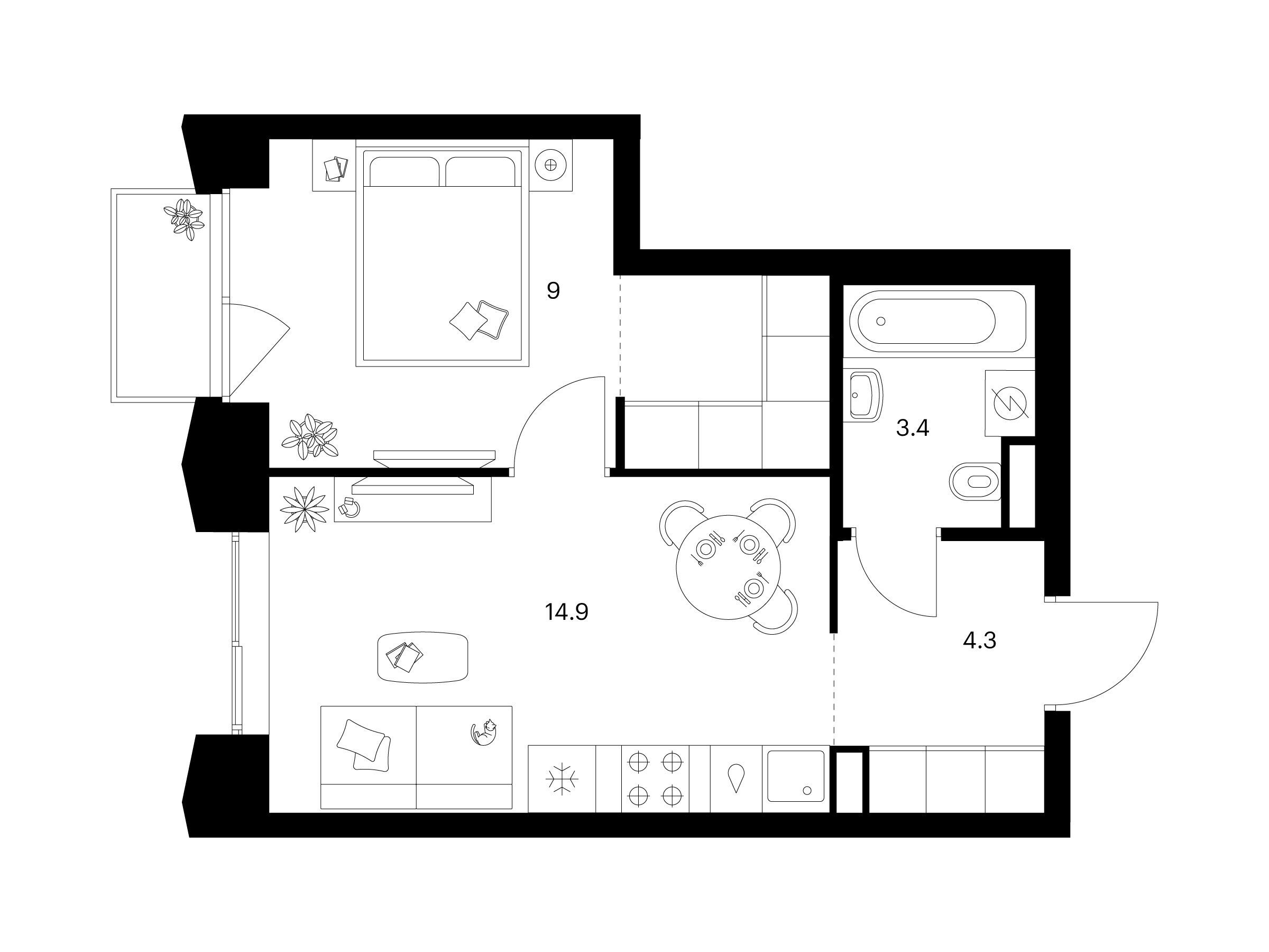 Планировка: 1-комн. квартира 35.30 м² в новостройке Матвеевский парк