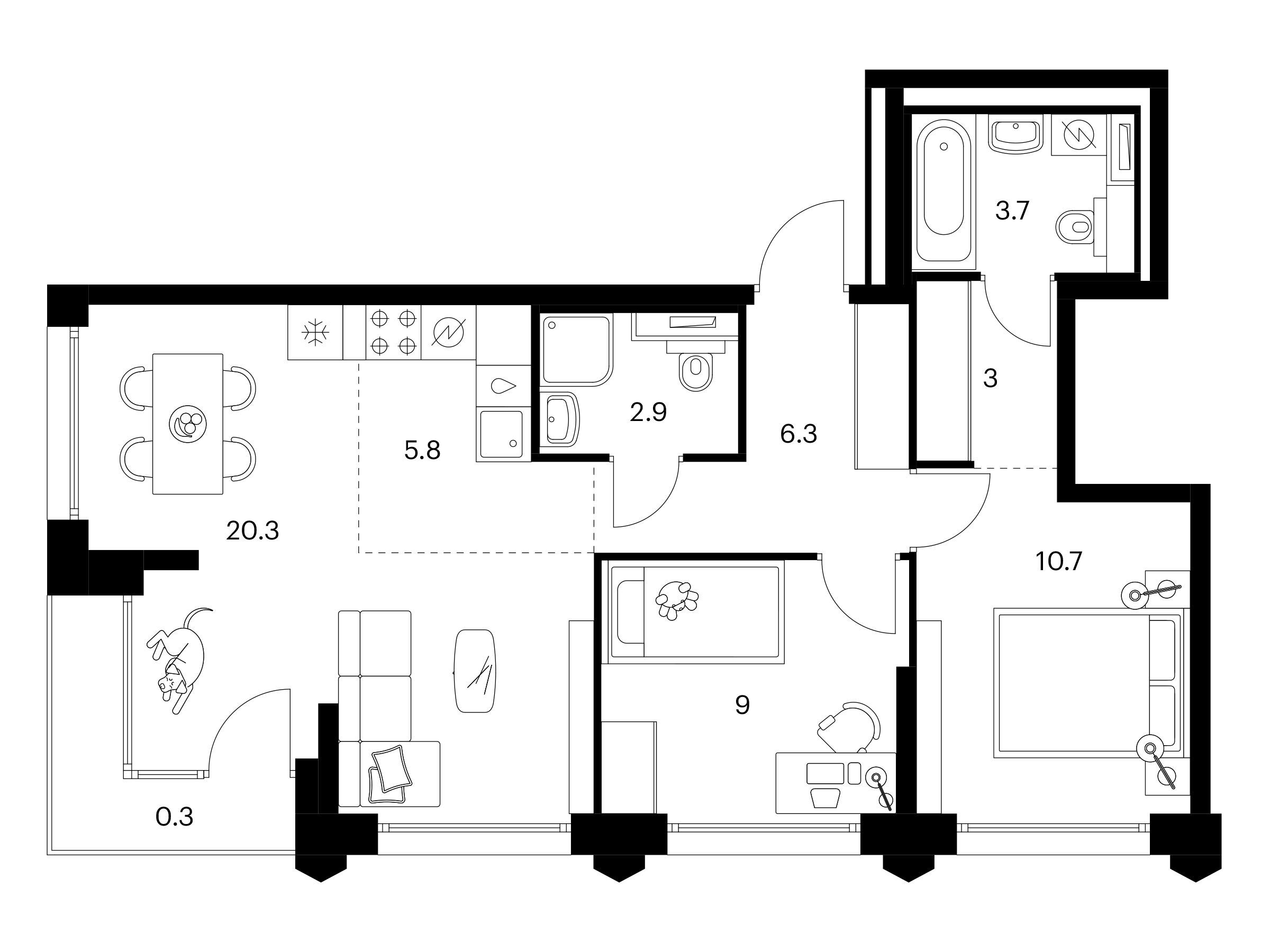 Планировка: 2-комн. квартира 62.00 м² в новостройке Бусиновский парк