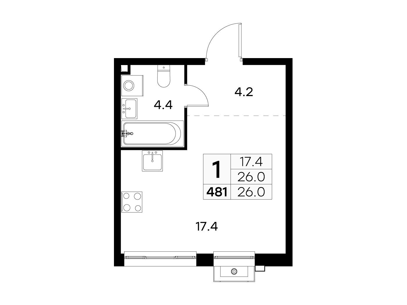Планировка: Студия 26.00 м² в новостройке ЖК Куркино