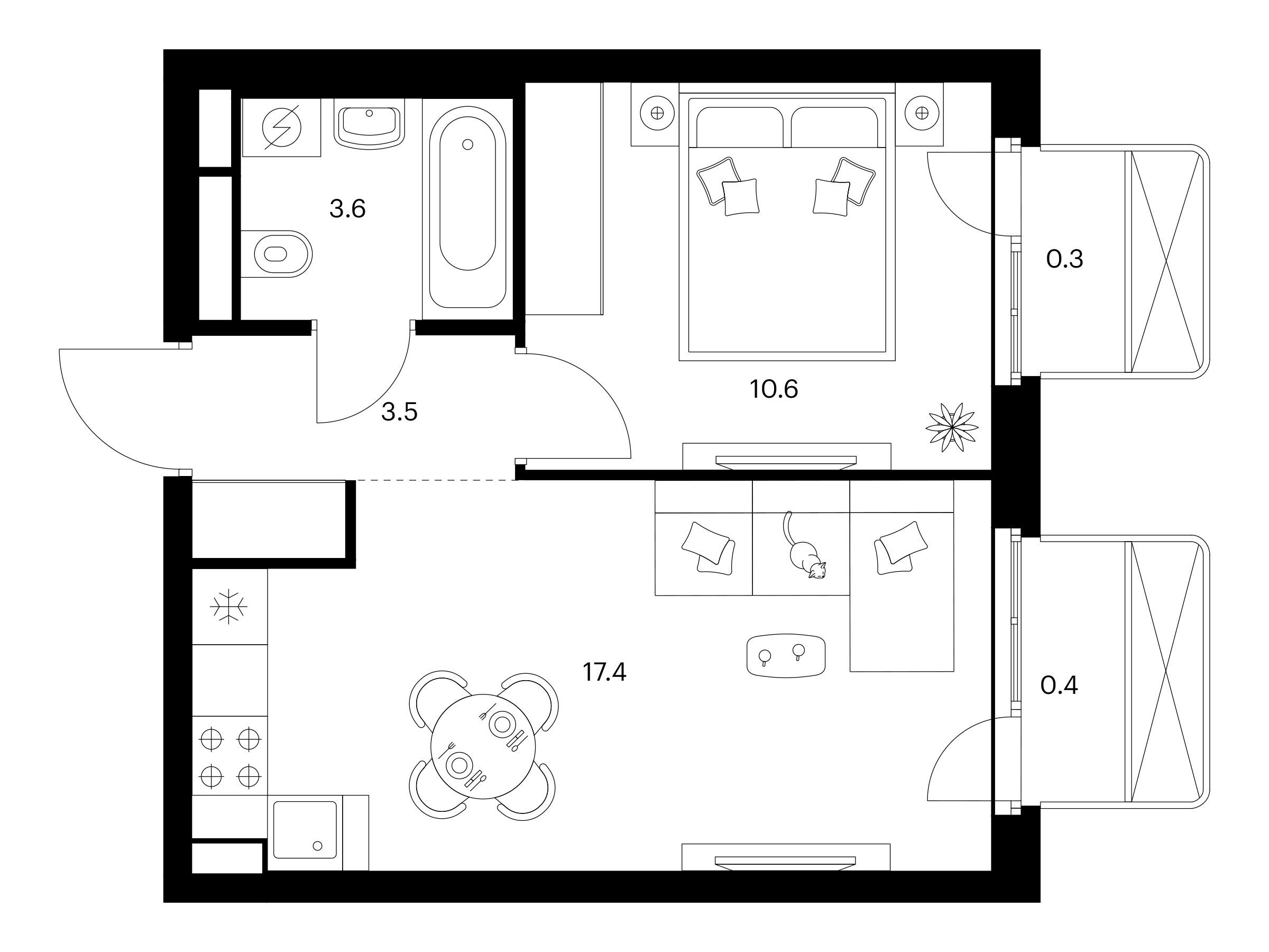 Планировка: 1-комн. квартира 35.80 м² в новостройке 2-й Иртышский