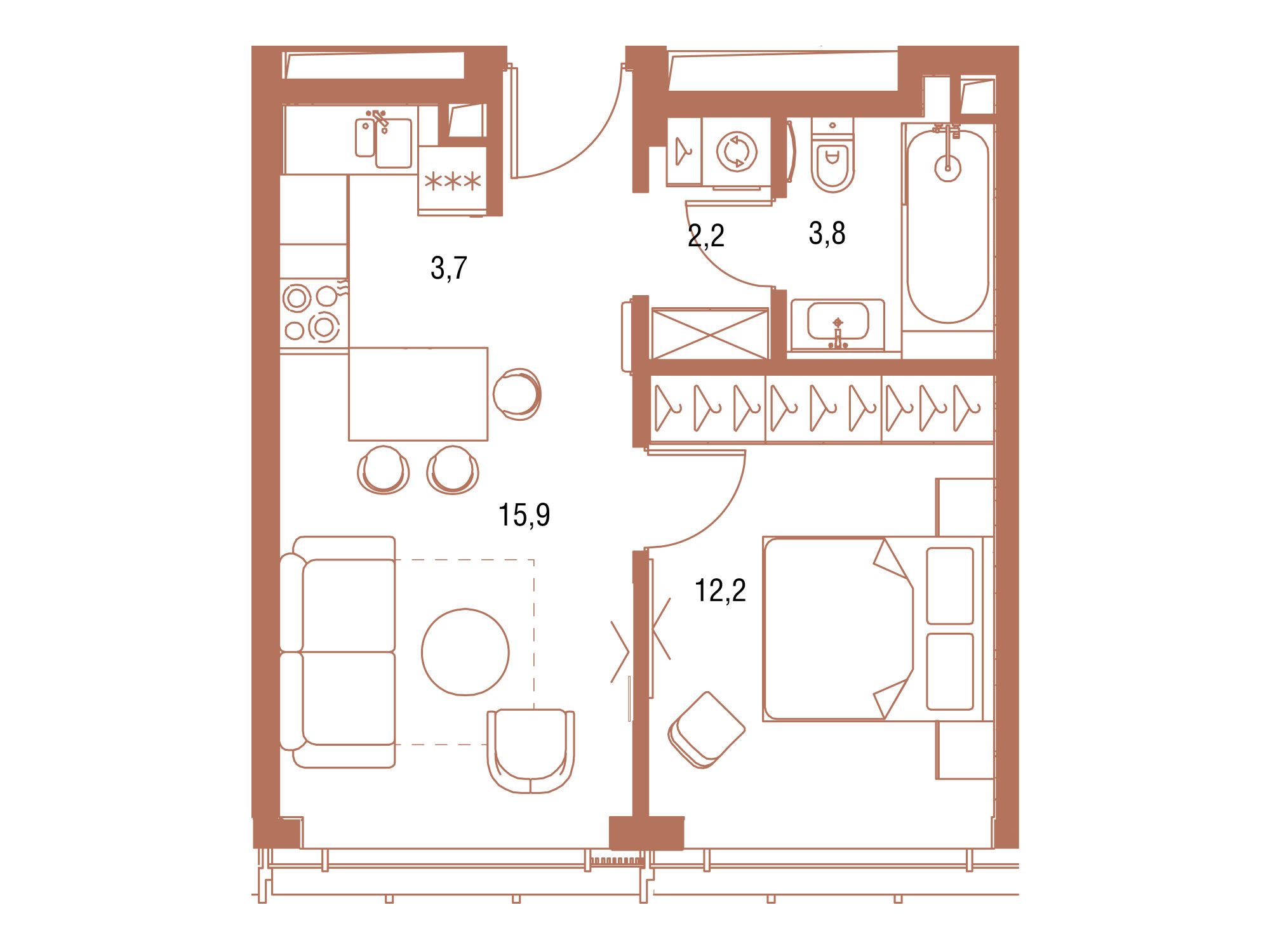 Планировка: 1-комн. квартира 38.00 м² в новостройке Симфония 34