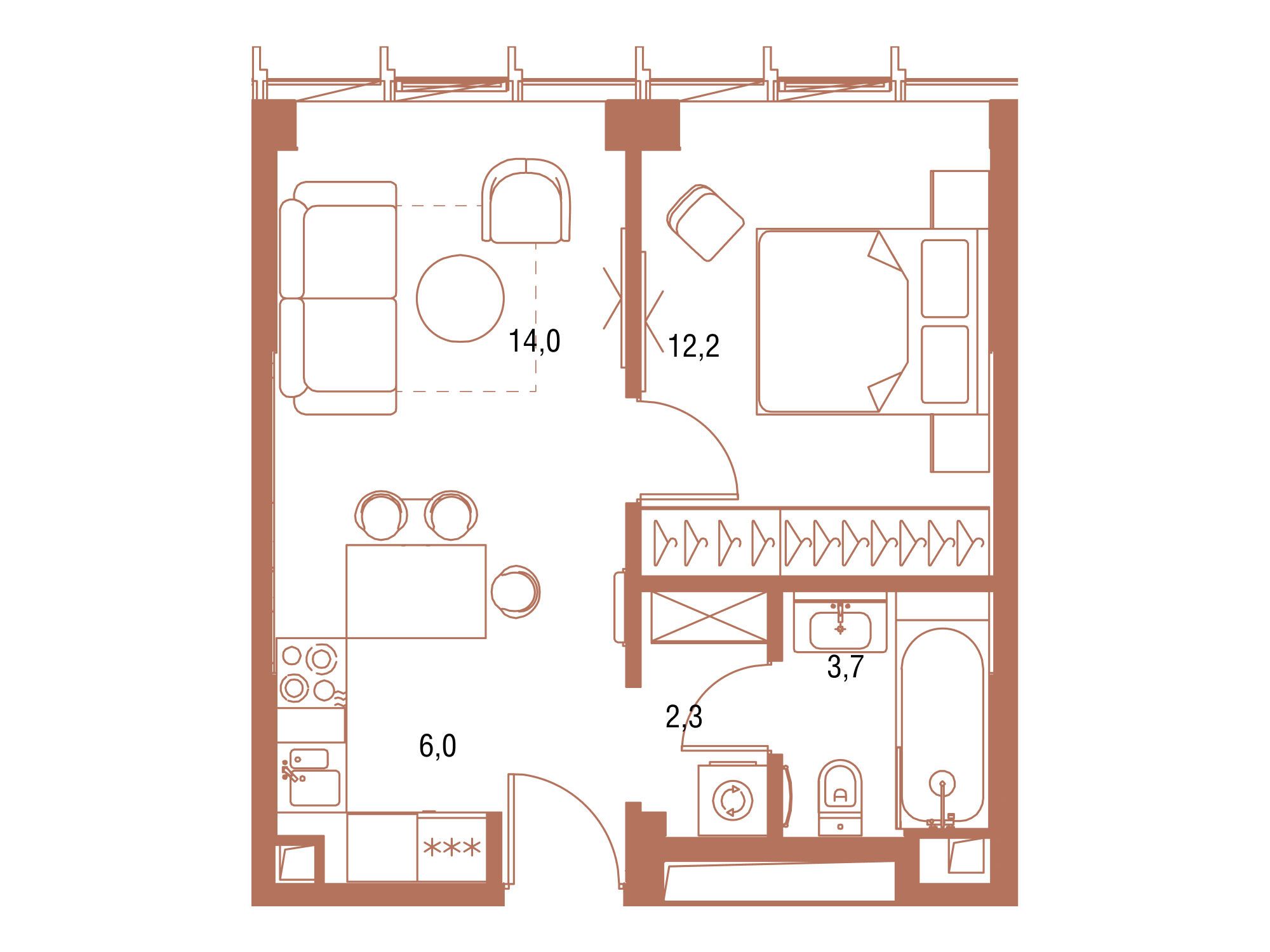 Планировка: 1-комн. квартира 38.20 м² в новостройке Симфония 34