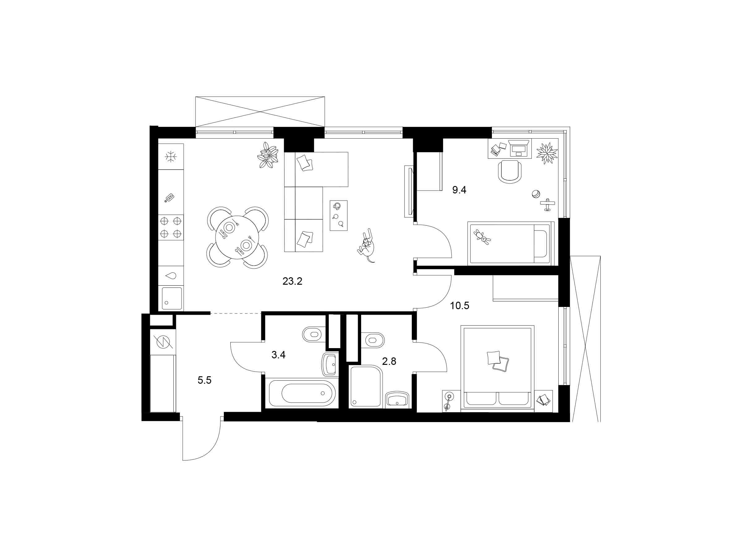 Планировка: 2-комн. квартира 54.80 м² в новостройке Кавказский бульвар 51