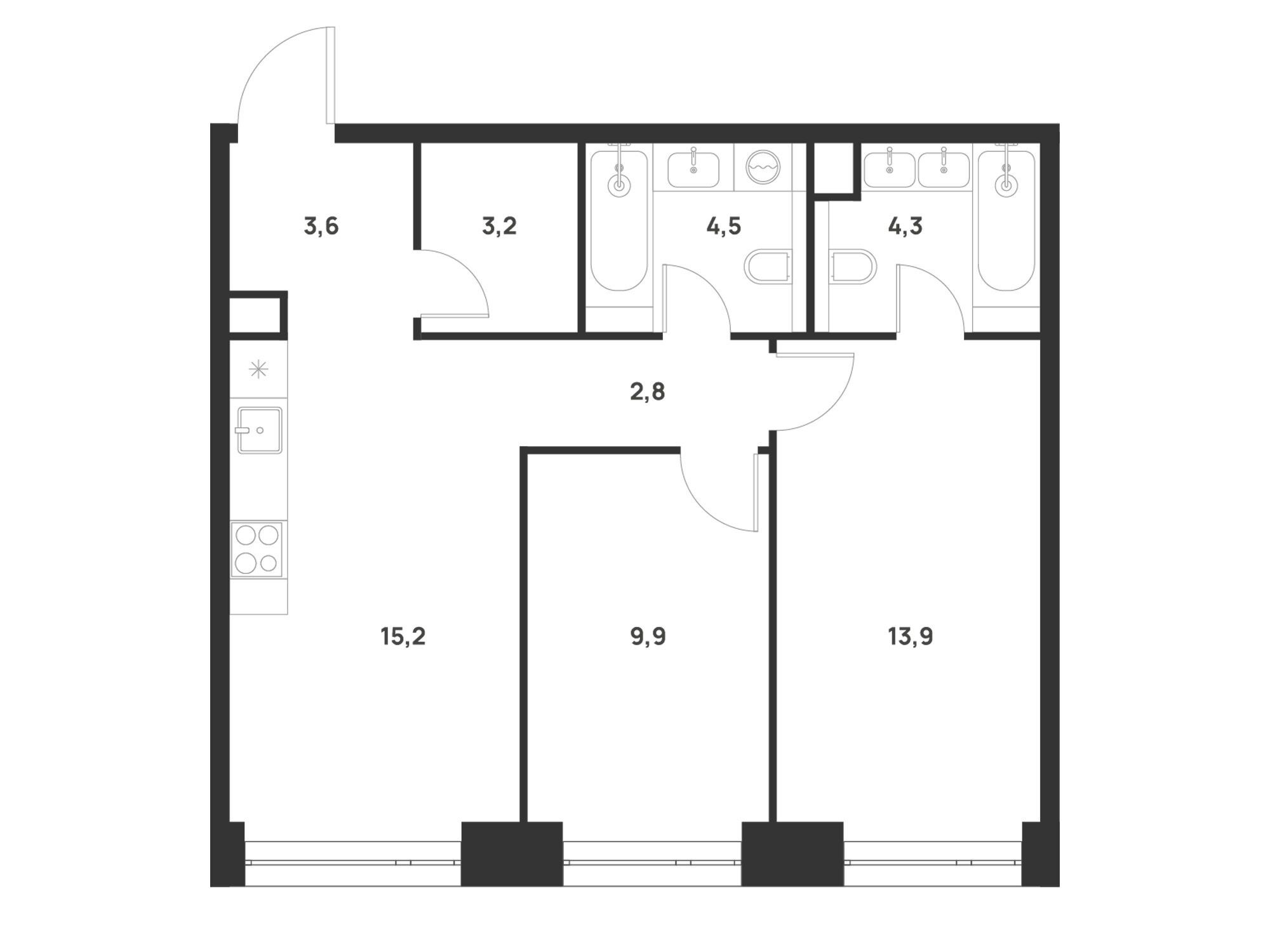Планировка: 2-комн. квартира 57.40 м² в новостройке Войс