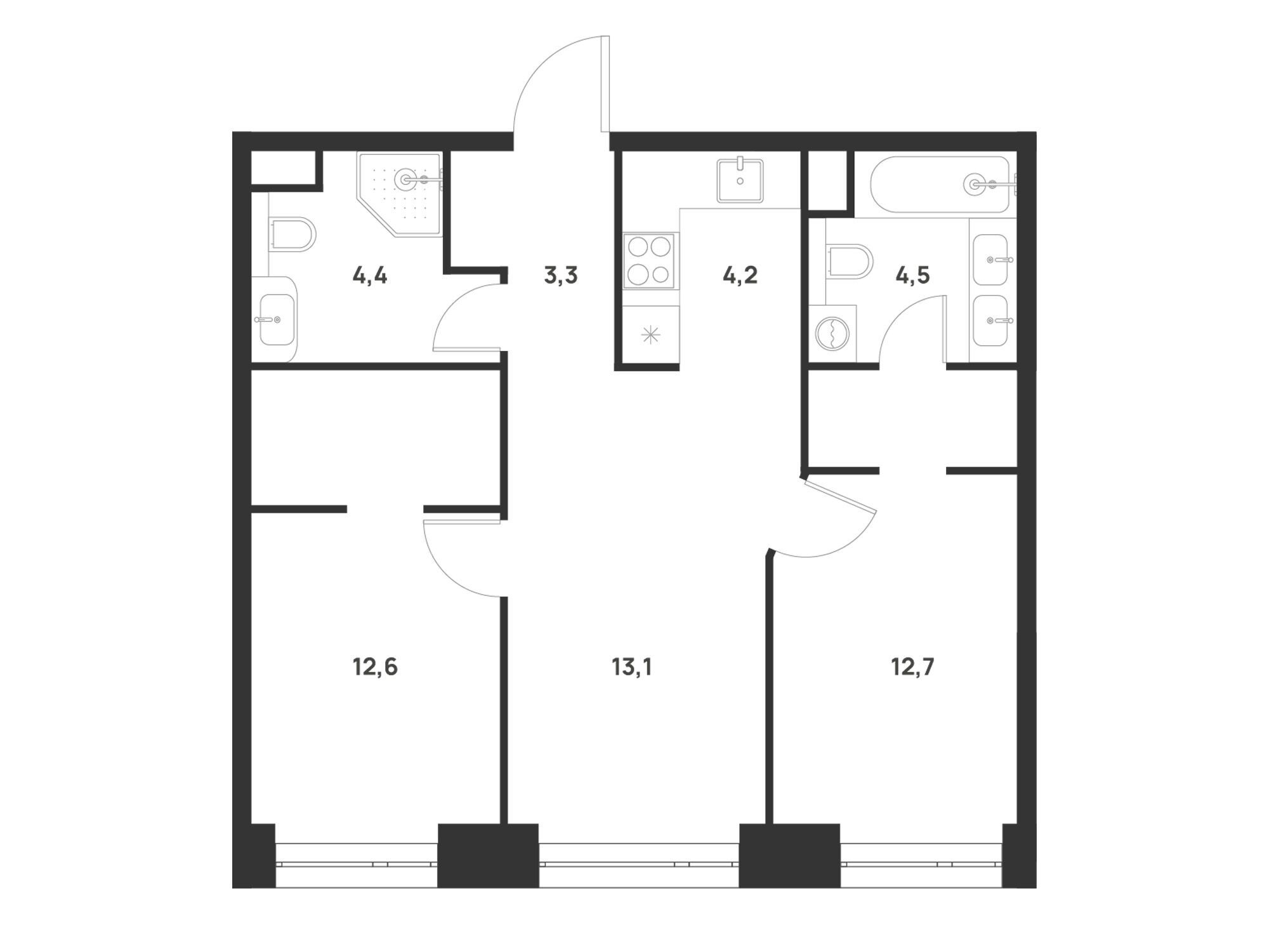 Планировка: 2-комн. квартира 54.80 м² в новостройке Войс
