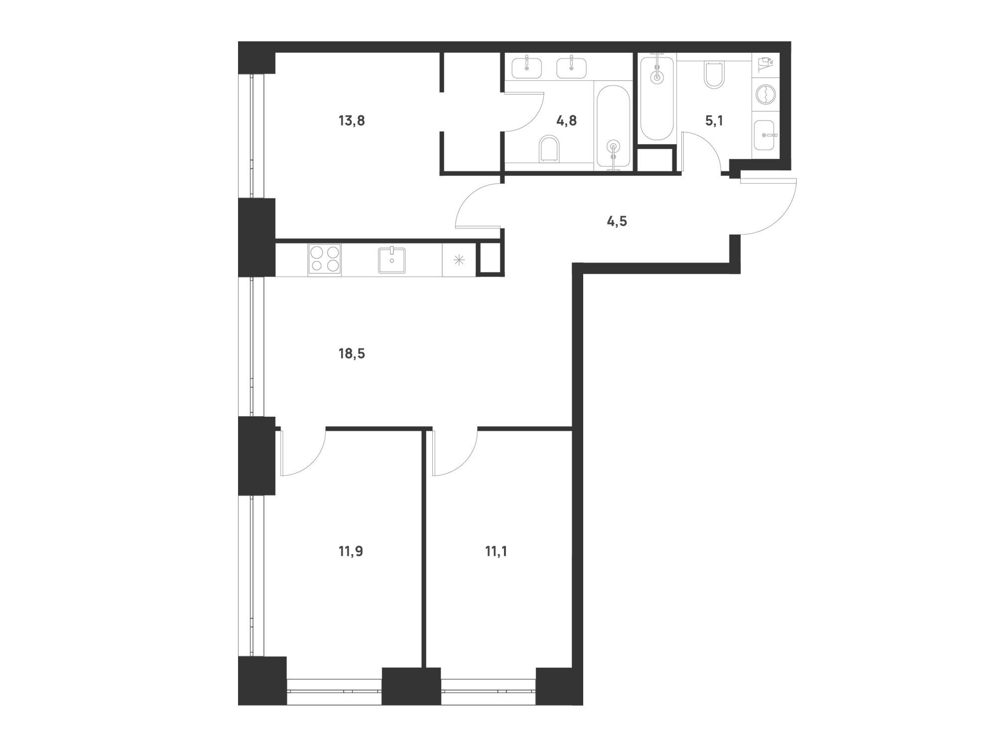 Планировка: 3-комн. квартира 69.70 м² в новостройке Войс