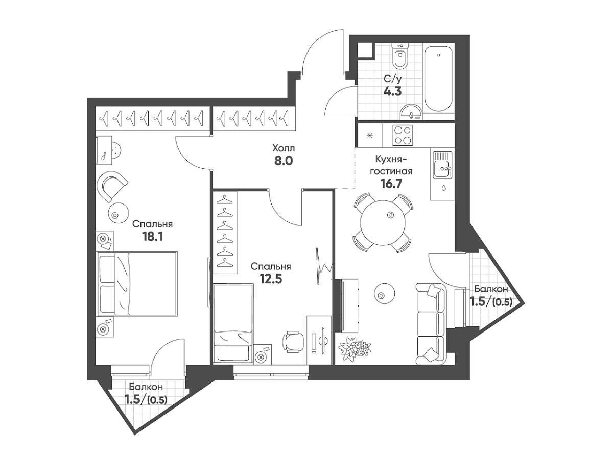 Планировка: 2-комн. квартира 60.60 м² в новостройке ЖК Соколинн Парк