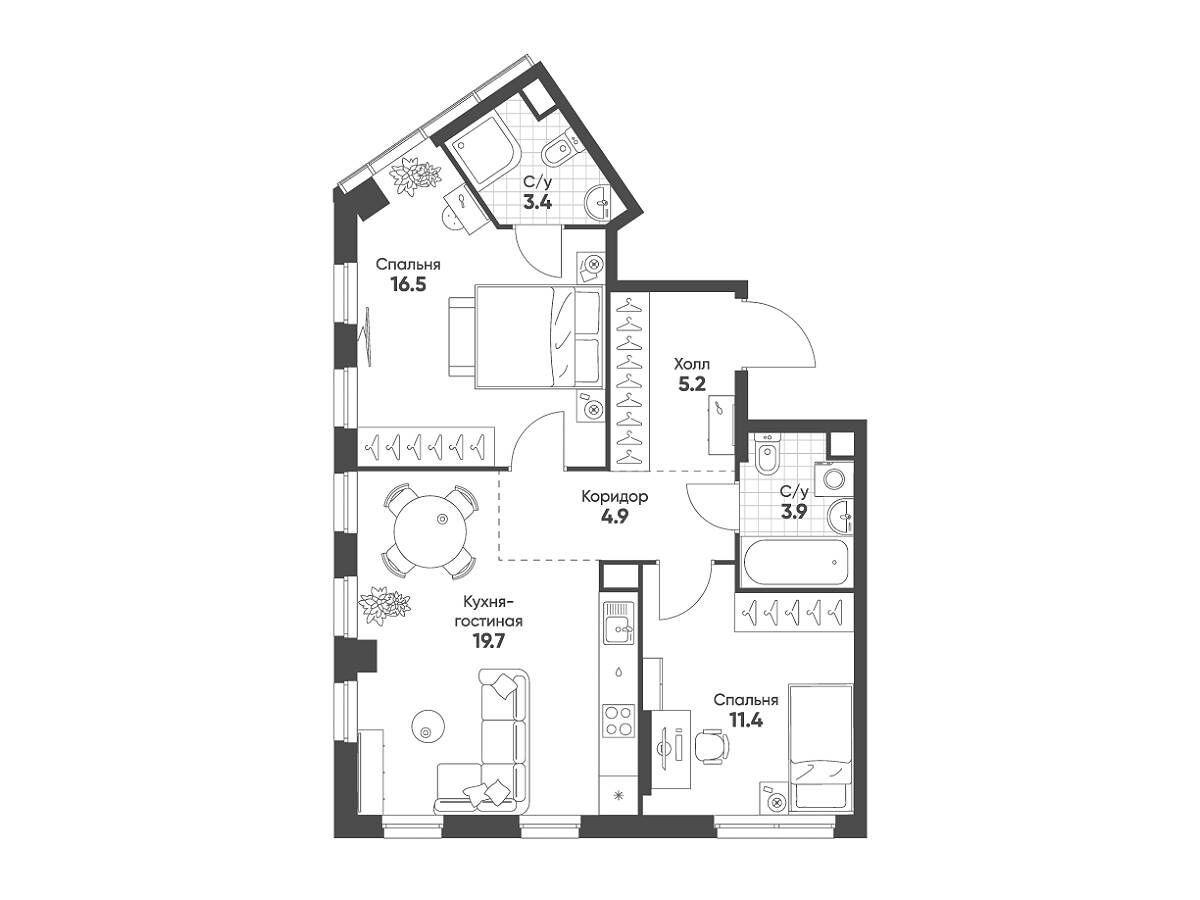 Планировка: 2-комн. квартира 63.30 м² в новостройке ЖК Соколинн Парк