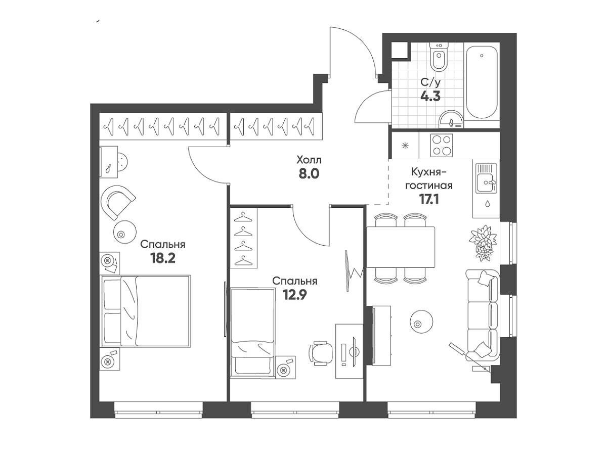 Планировка: 2-комн. квартира 60.50 м² в новостройке ЖК Соколинн Парк