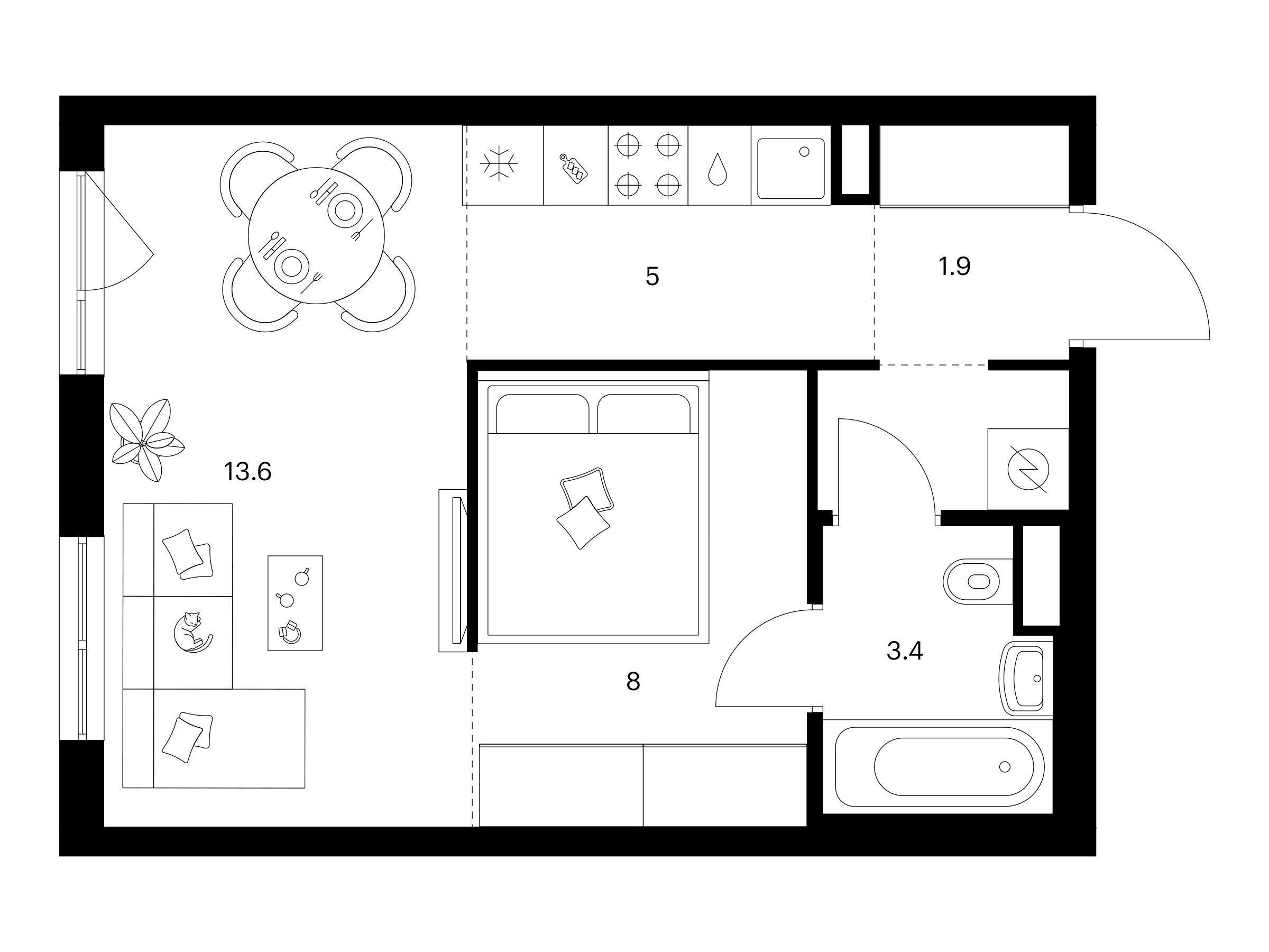 Планировка: 1-комн. квартира 34.30 м² в новостройке Кавказский бульвар 51