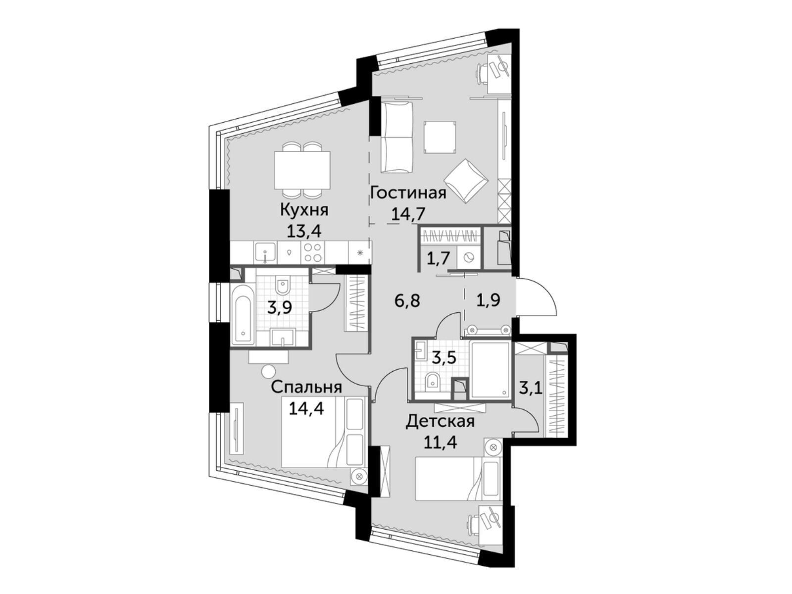 Планировка: 3-комн. квартира 74.90 м² в новостройке Роттердам