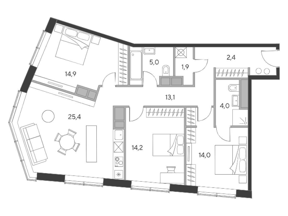 Планировка: 3-комн. квартира 94.40 м² в новостройке Чкалов