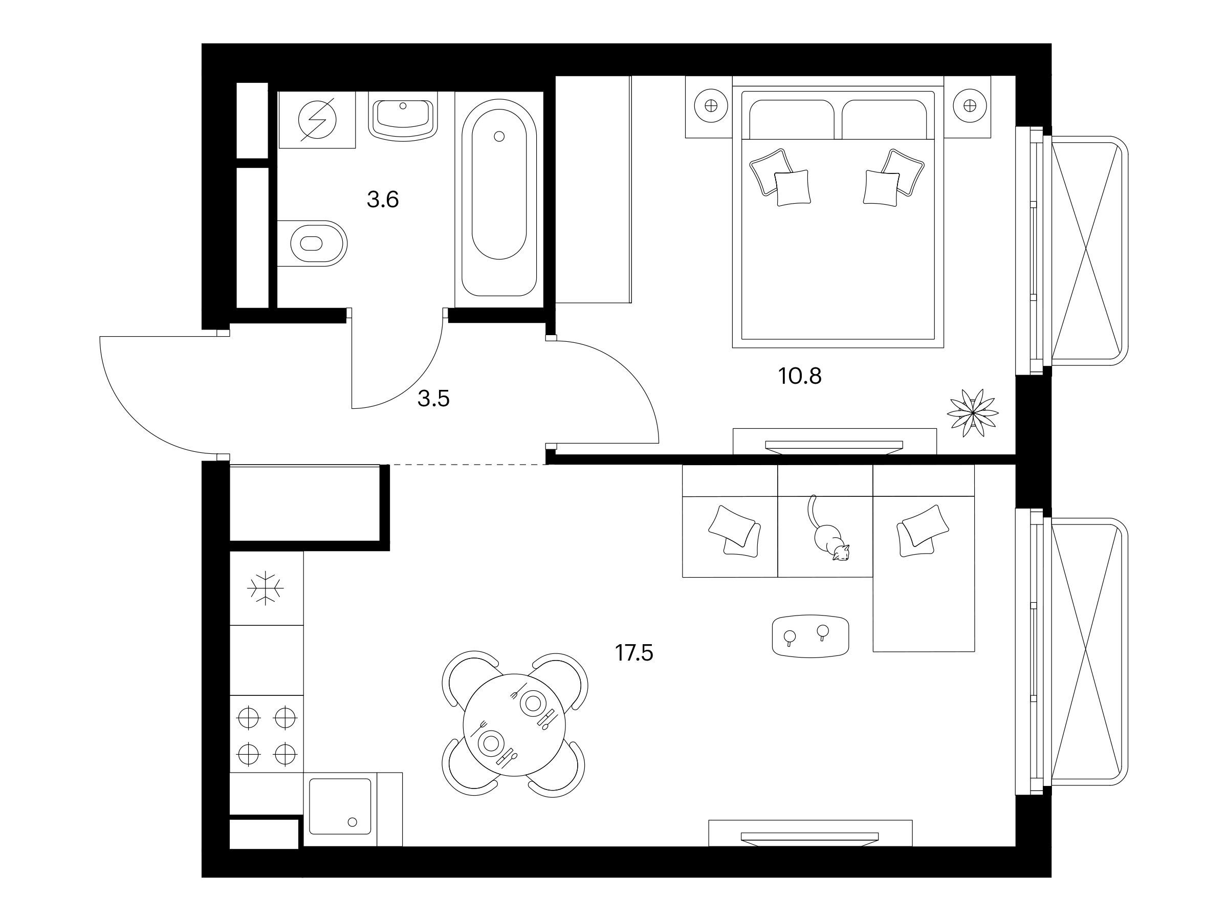 Планировка: 1-комн. квартира 35.40 м² в новостройке 2-й Иртышский