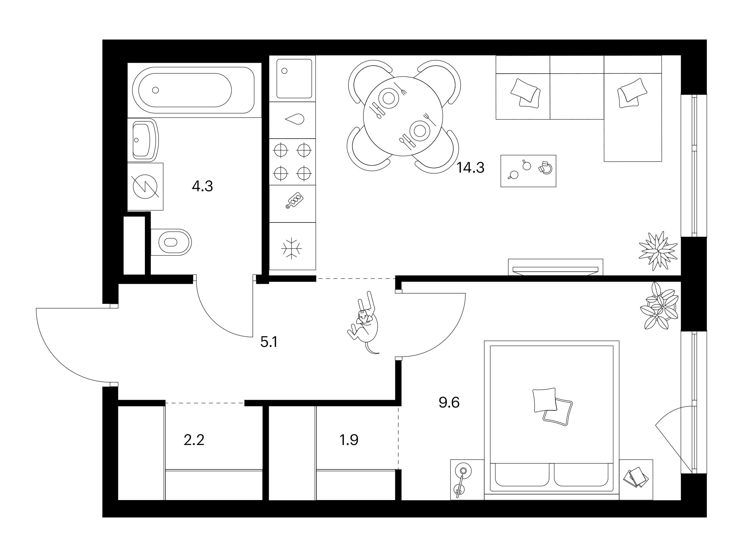 Планировка: 1-комн. квартира 37.40 м² в новостройке Кавказский бульвар 51