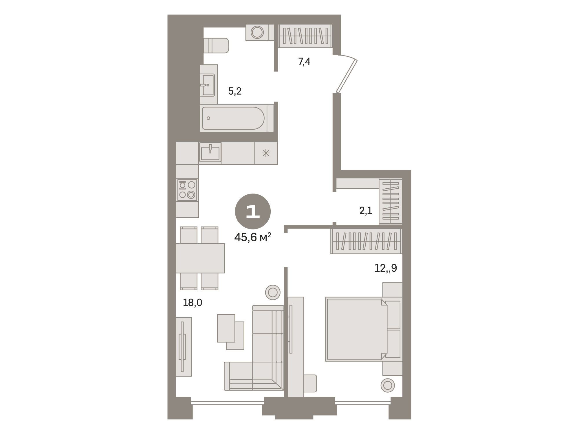 Планировка: 1-комн. квартира 45.60 м² в новостройке Квартал Герцена