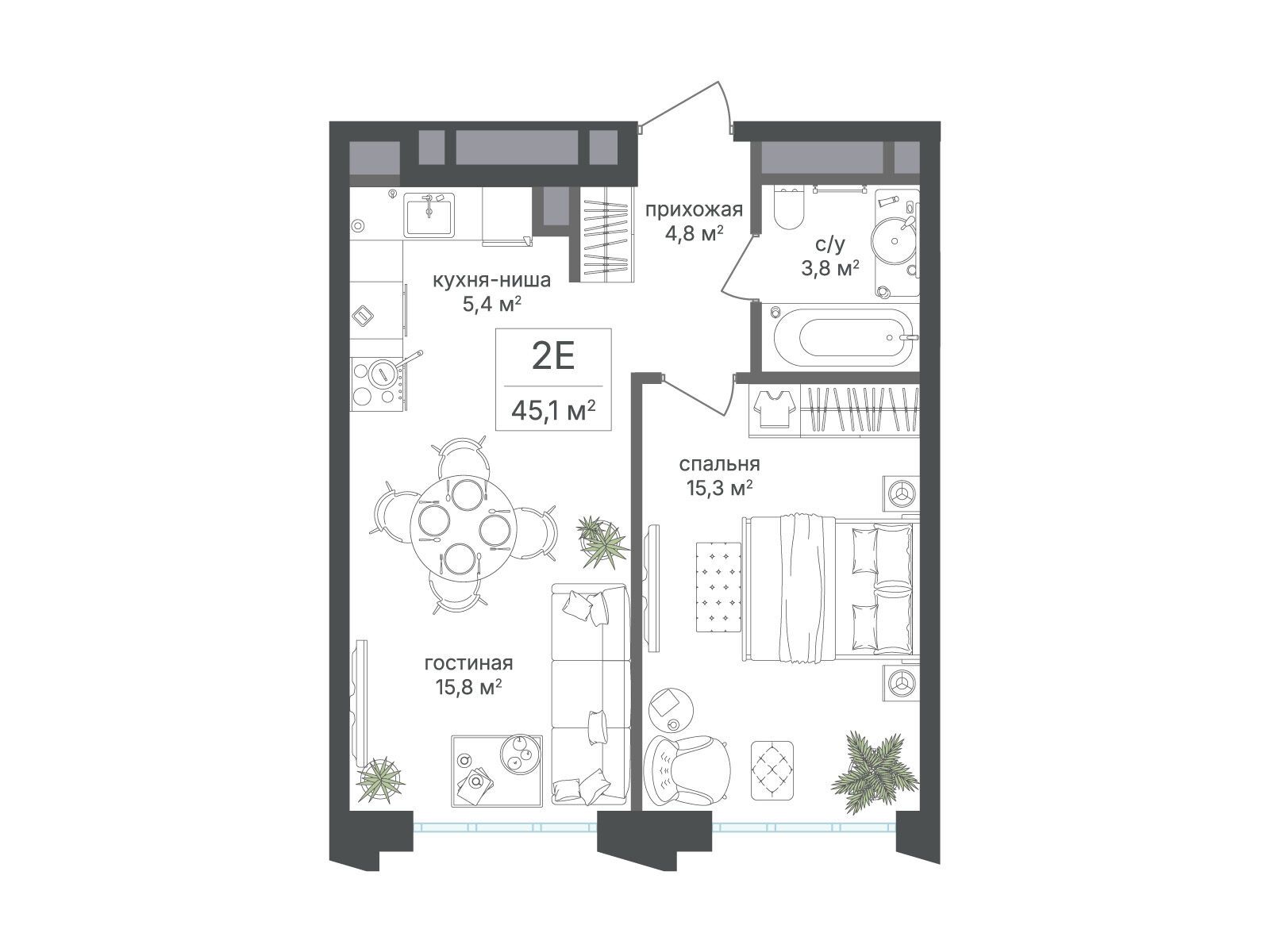 Планировка: 2-комн. квартира 45.10 м² в новостройке Михалковский