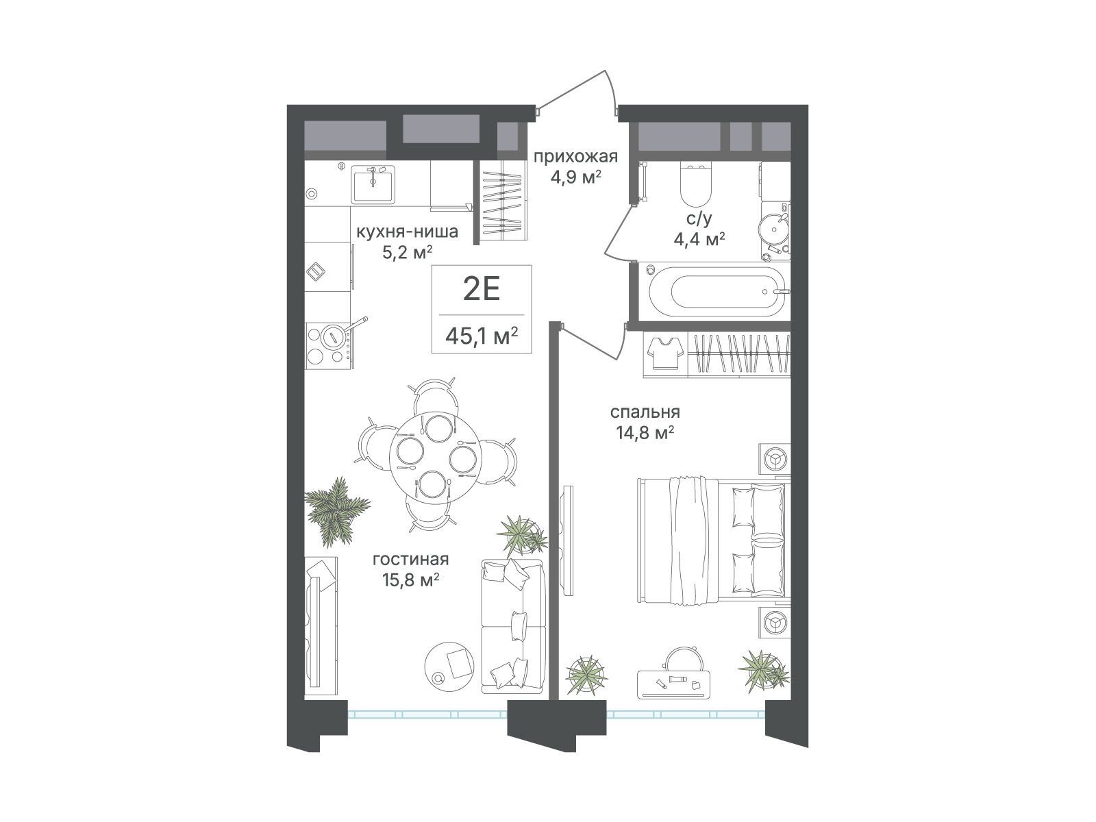 Планировка: 2-комн. квартира 45.10 м² в новостройке Михалковский