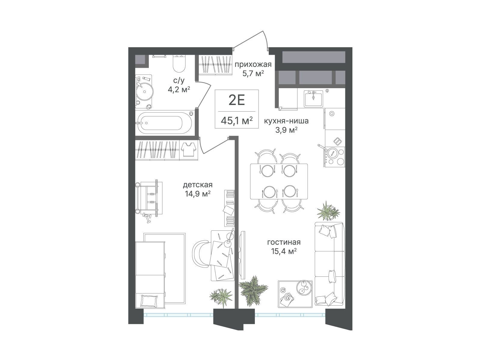 Планировка: 2-комн. квартира 44.10 м² в новостройке Михалковский