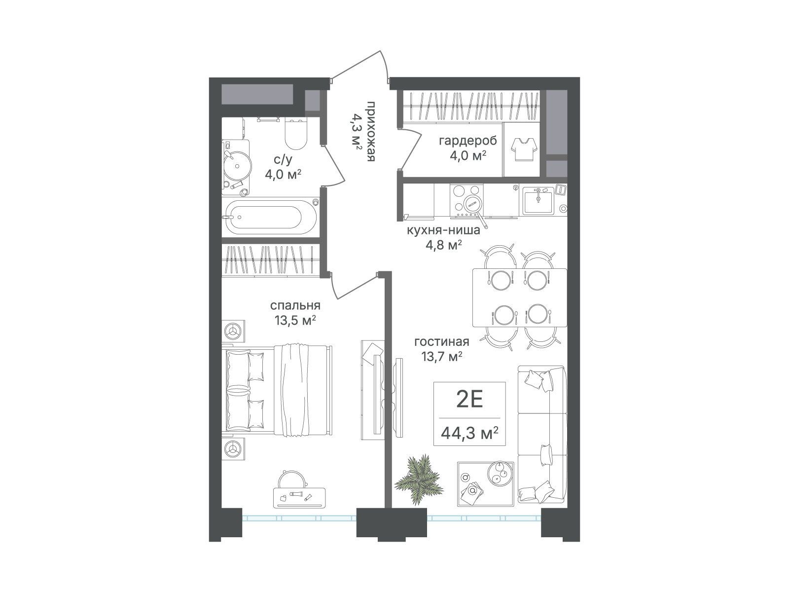 Планировка: 2-комн. квартира 44.30 м² в новостройке Михалковский