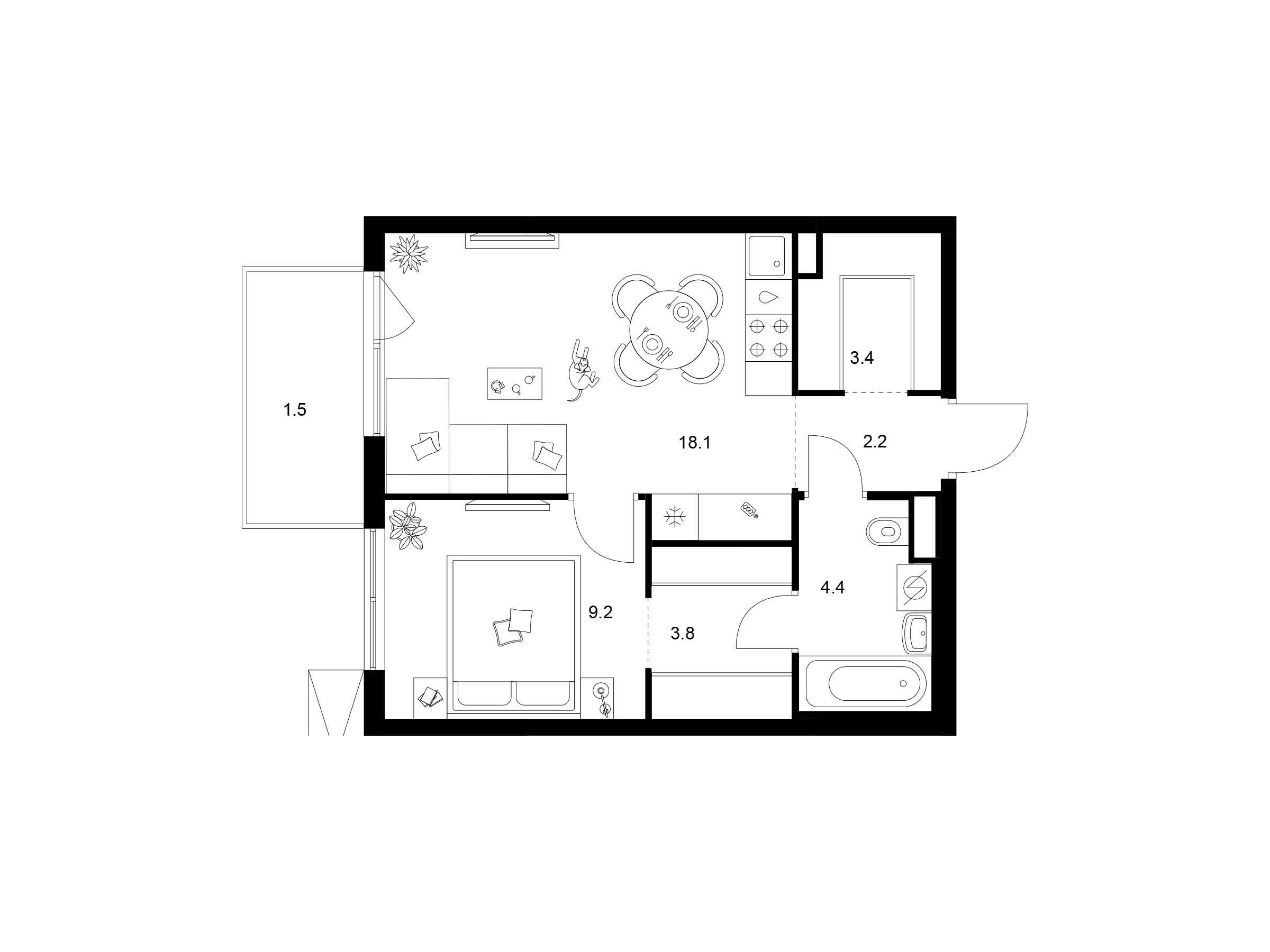 Планировка: 1-комн. квартира 42.60 м² в новостройке ЖК Кавказский бульвар 51