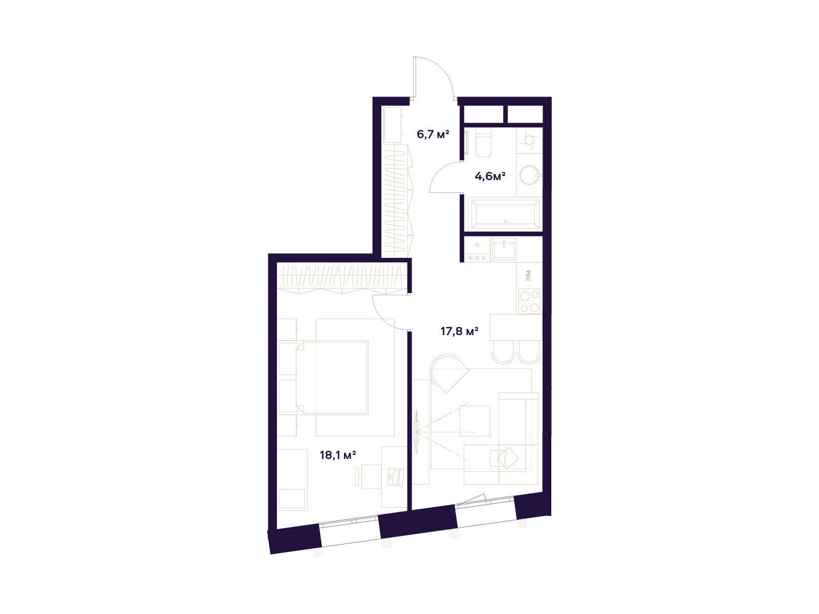 Планировка: 1-комн. квартира 47.20 м² в новостройке Квартал здоровой жизни Союз