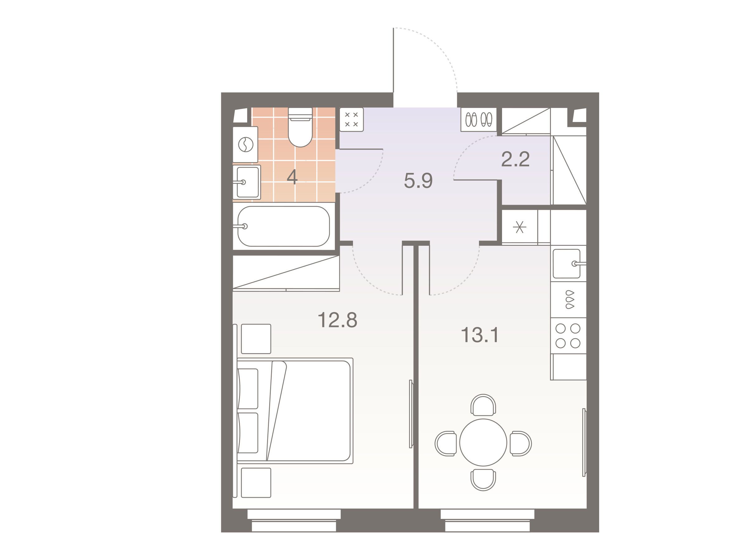 Планировка: 1-комн. квартира 38.00 м² в новостройке Твелв