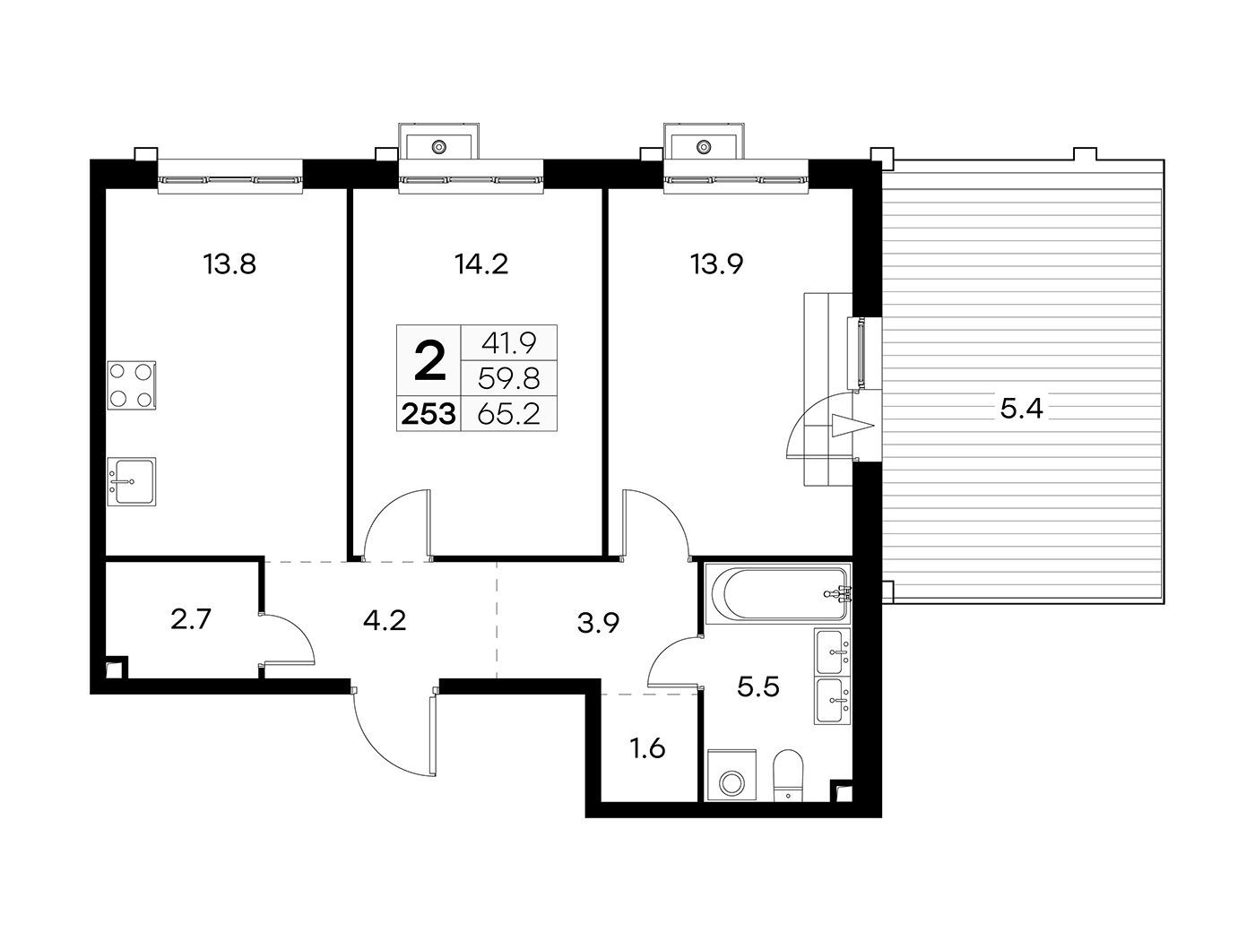 Планировка: 2-комн. квартира 65.20 м² в новостройке Куркино