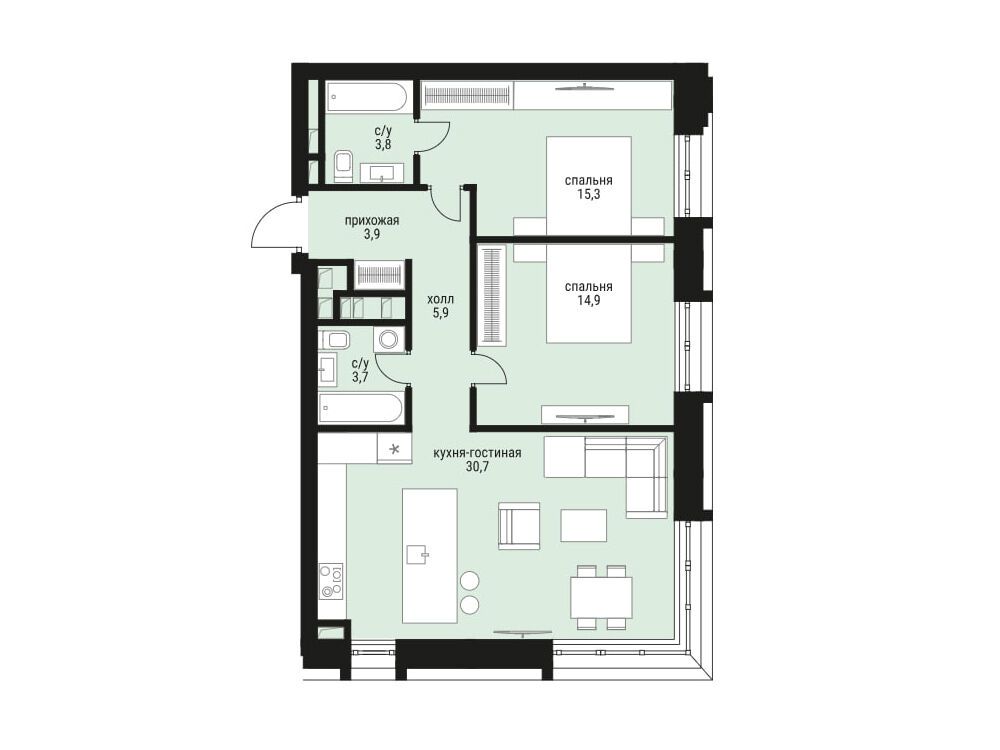 Планировка: 2-комн. квартира 78.20 м² в новостройке ЖК Шелепиха