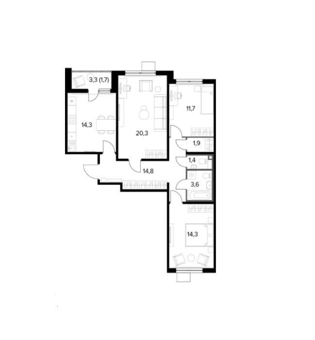Планировка: 3-комн. квартира 84.00 м² в новостройке ЖК 1-й Ленинградский (Первый Ленинградский)