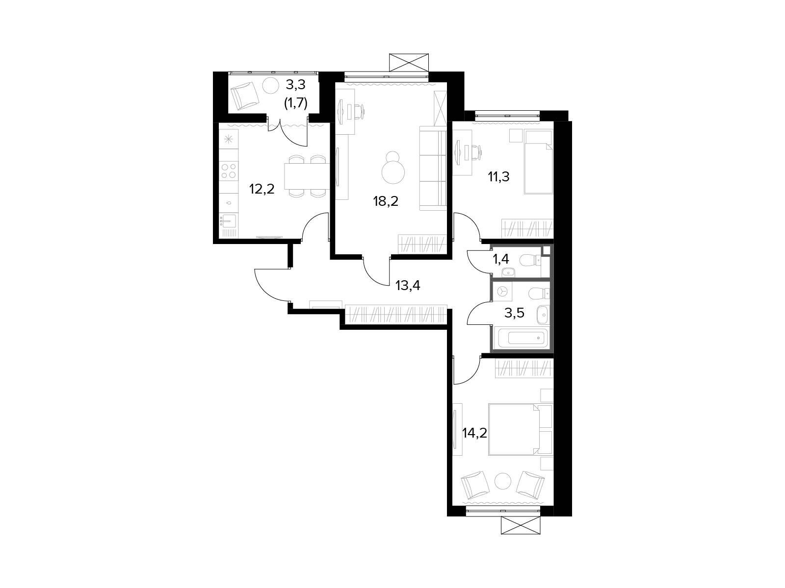 Планировка: 3-комн. квартира 76.10 м² в новостройке 1-й Ленинградский 