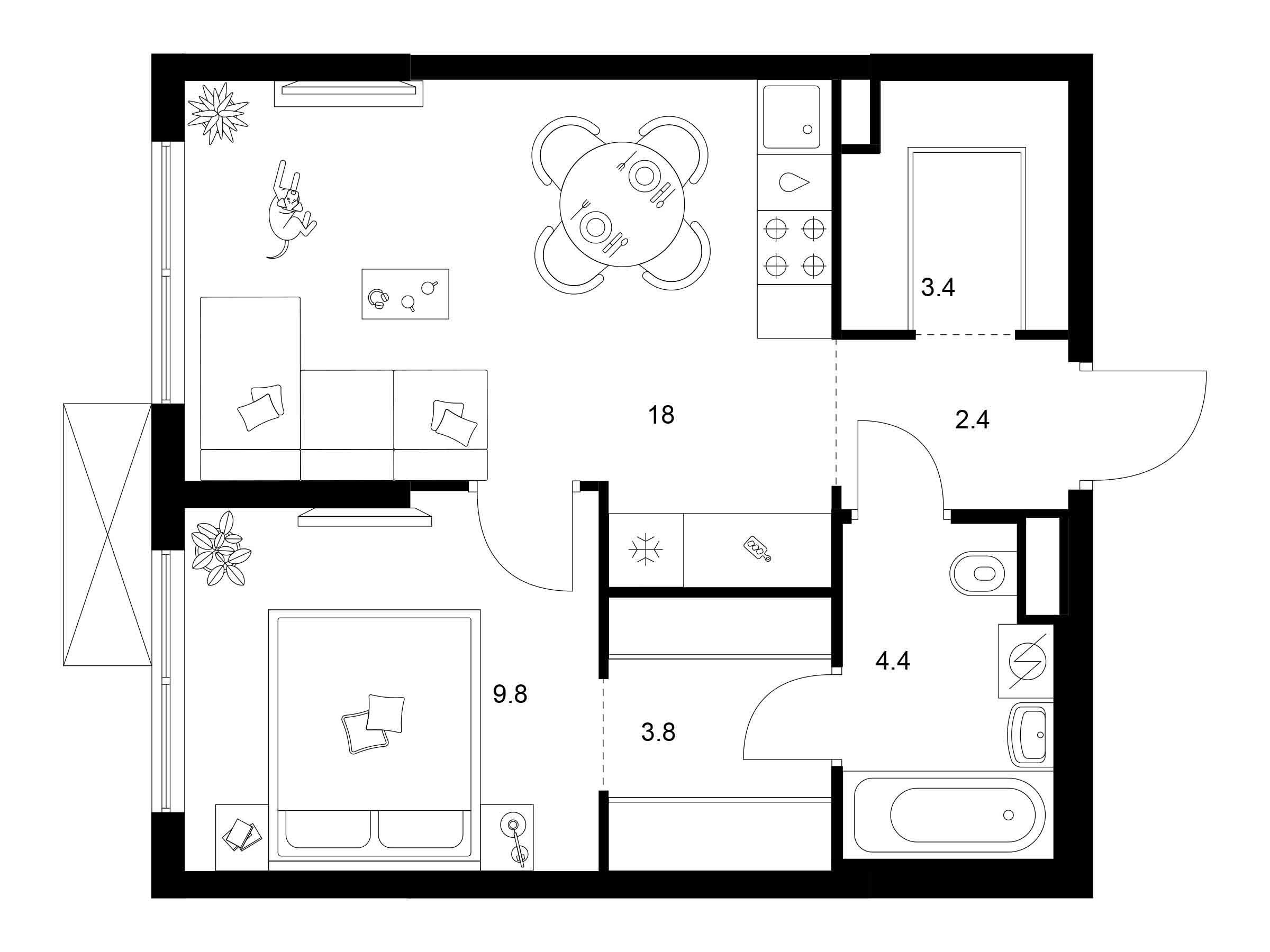 Планировка: 1-комн. квартира 41.80 м² в новостройке Кавказский бульвар 51