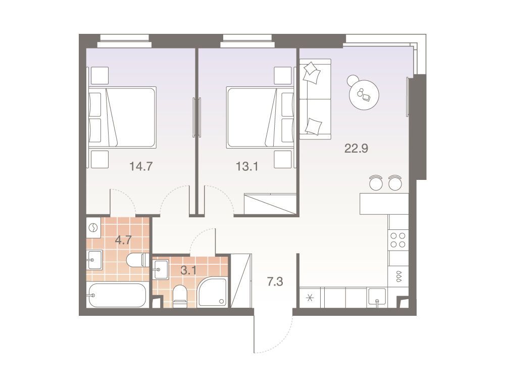 Планировка: 3-комн. квартира 65.80 м² в новостройке Твелв