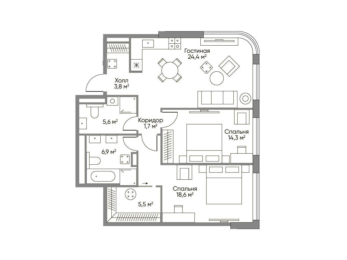 Планировка: 2-комн. квартира 76.30 м² в новостройке ЖК Сторис на Мосфильмовской