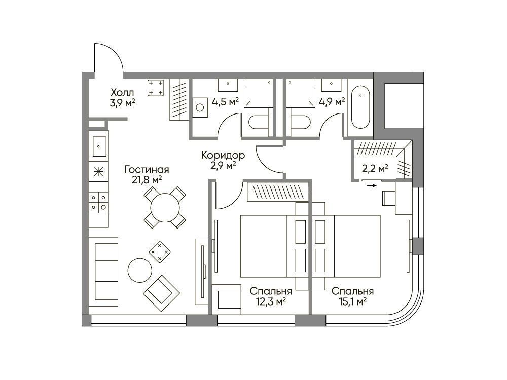 Планировка: 2-комн. квартира 70.00 м² в новостройке Сторис на Мосфильмовской