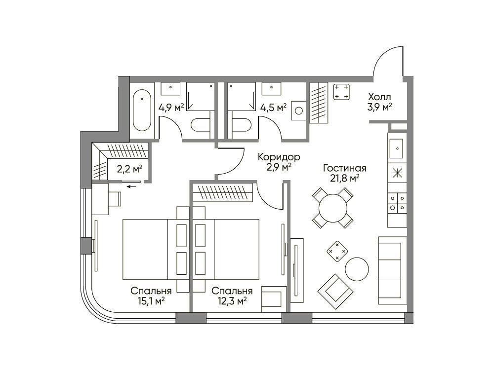 Планировка: 2-комн. квартира 70.10 м² в новостройке Сторис на Мосфильмовской