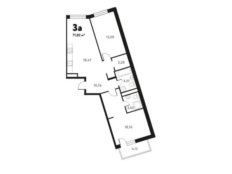 Планировка: 3-комн. квартира 72.52 м² в новостройке ЖК Южное Пушкино
