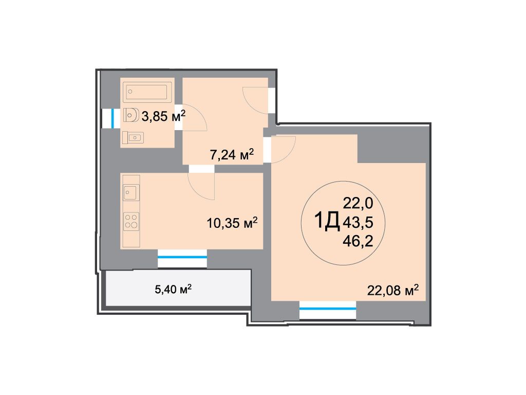 Планировка: 1-комн. квартира 43.70 м² в новостройке 28 микрорайон
