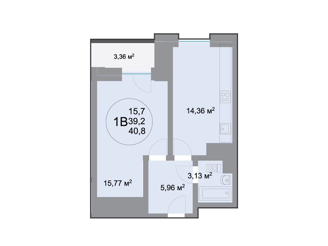 Планировка: 1-комн. квартира 39.20 м² в новостройке 28 микрорайон